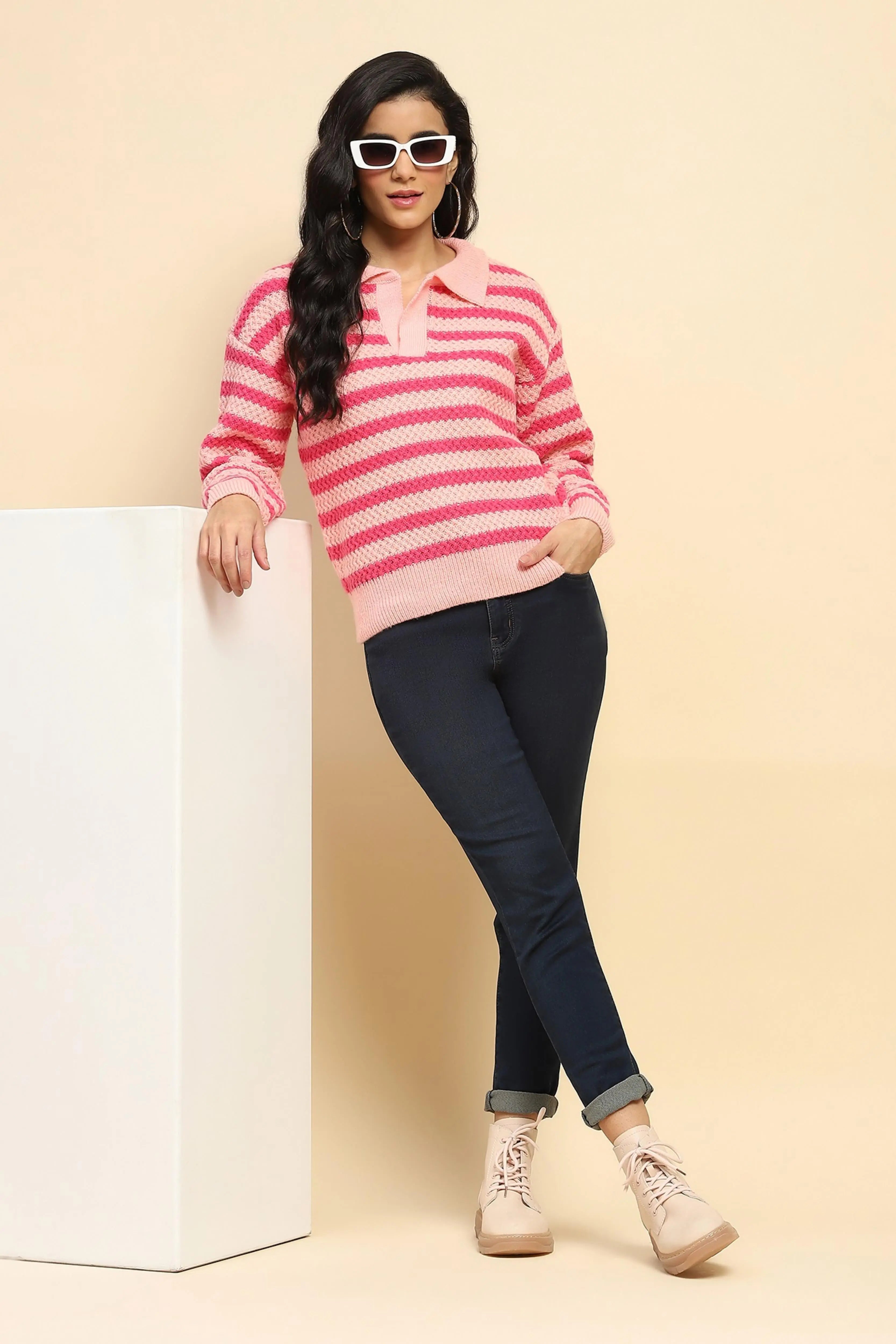 Fuchsia Wool Blend Striped Pullover - Global Republic