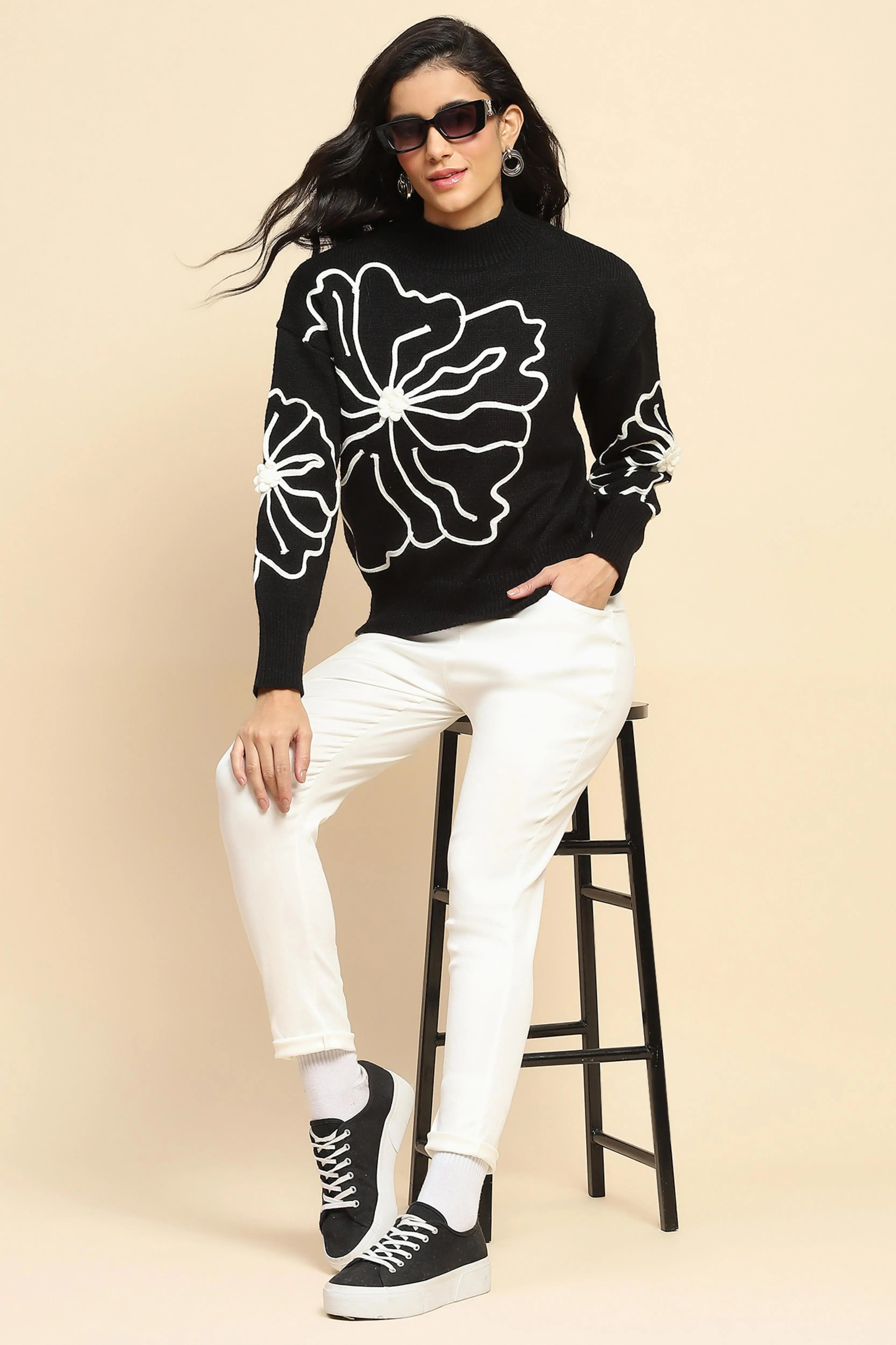 Black Wool Blend Loose Fit Pullover - Global Republic