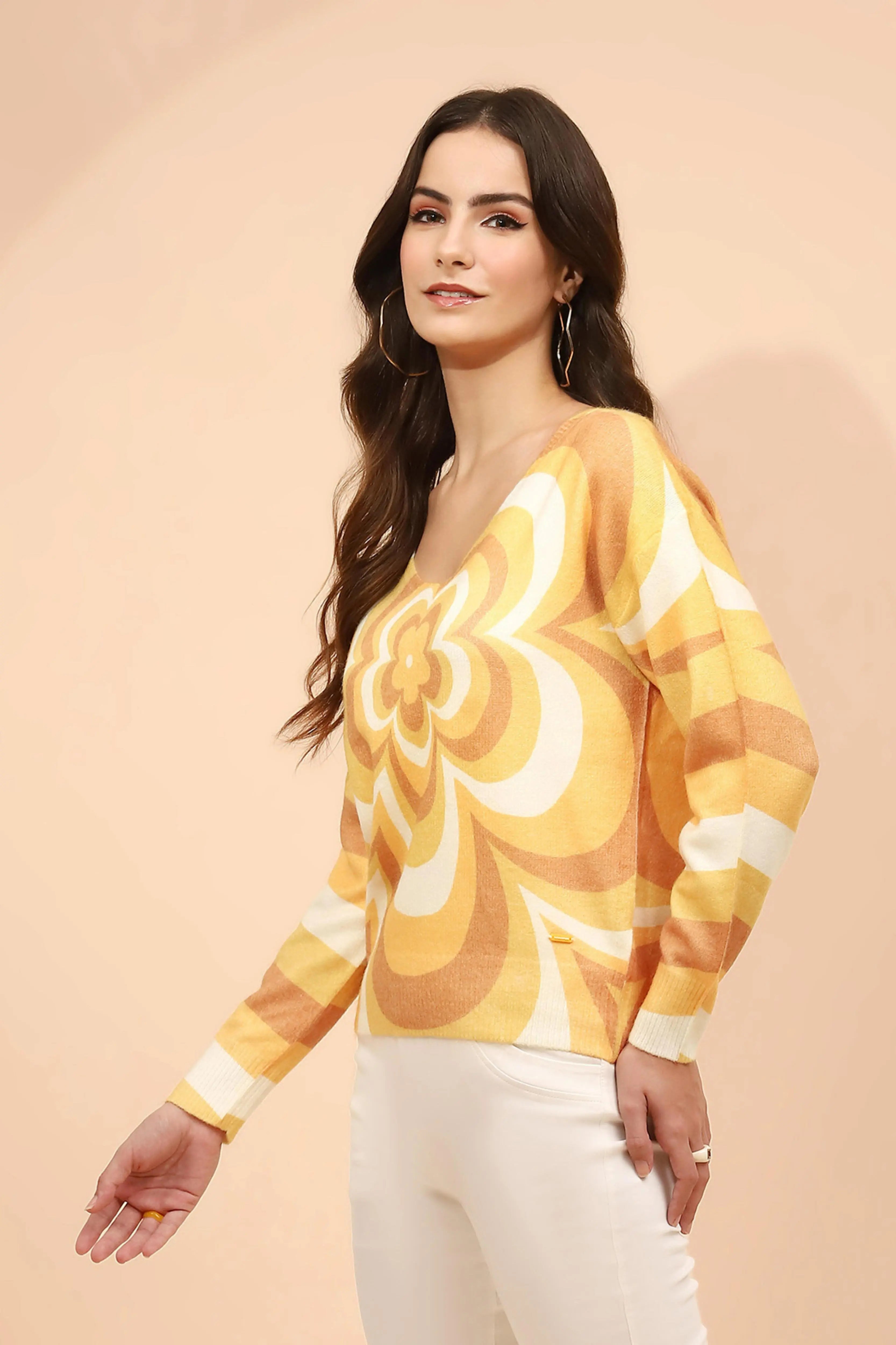 Yellow  Viscose Loose Winter Pullover - Global Republic