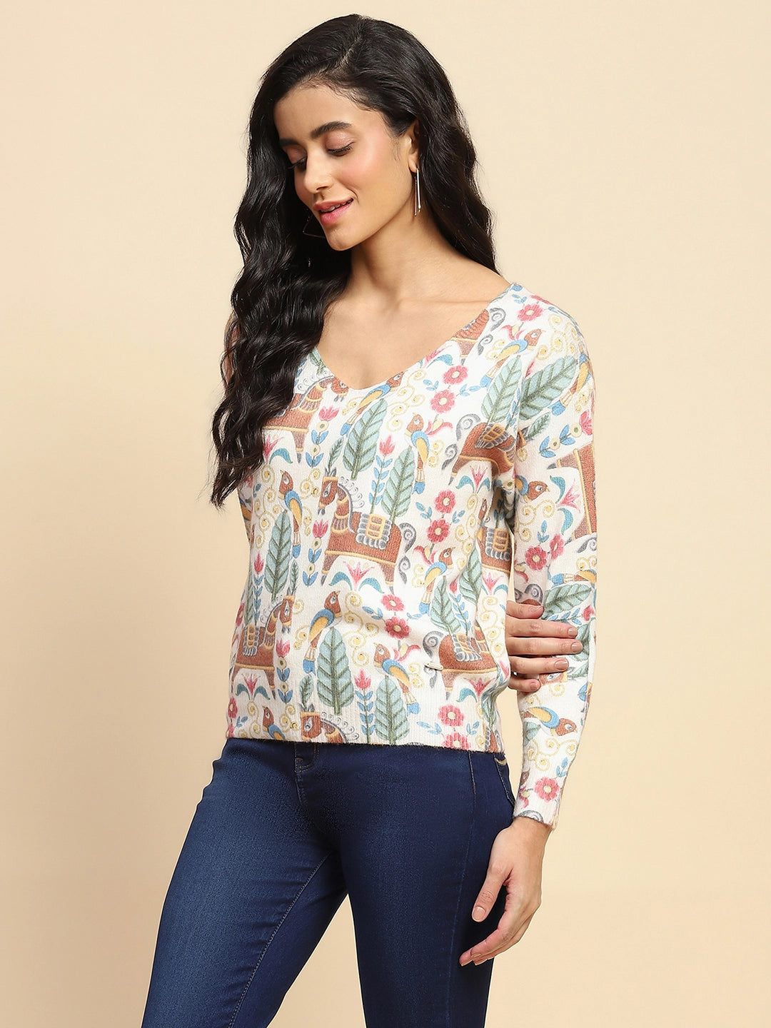 Multi Printed Wool Loose Winter Pullover - Global Republic