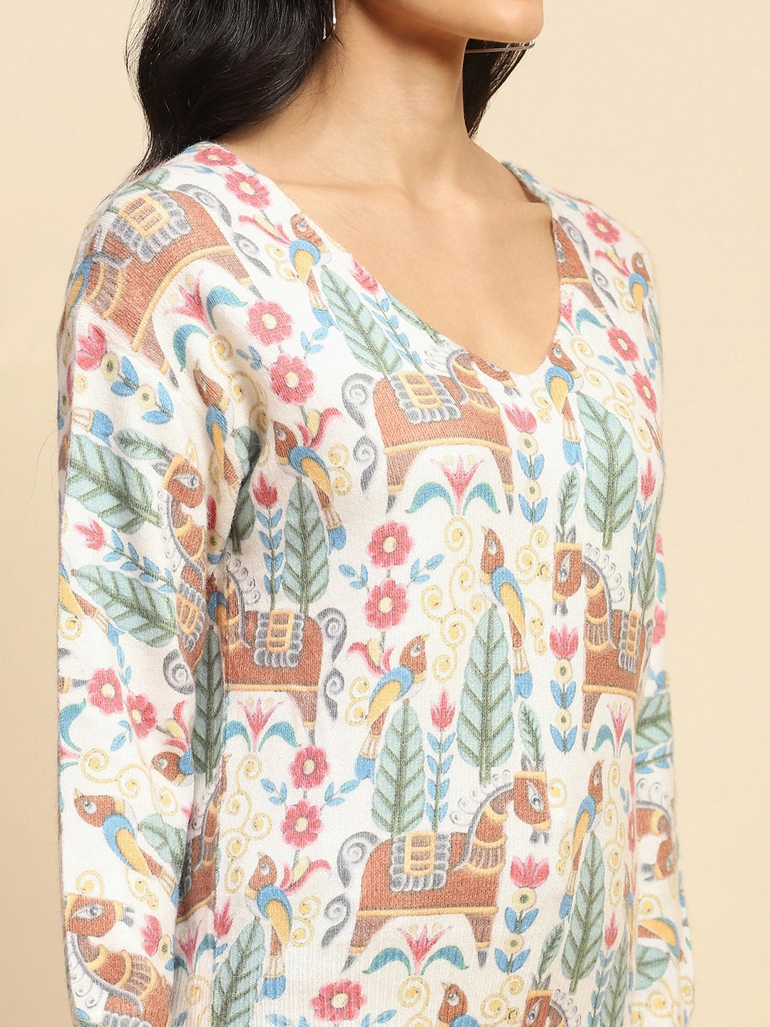 Multi Printed Wool Loose Winter Pullover - Global Republic
