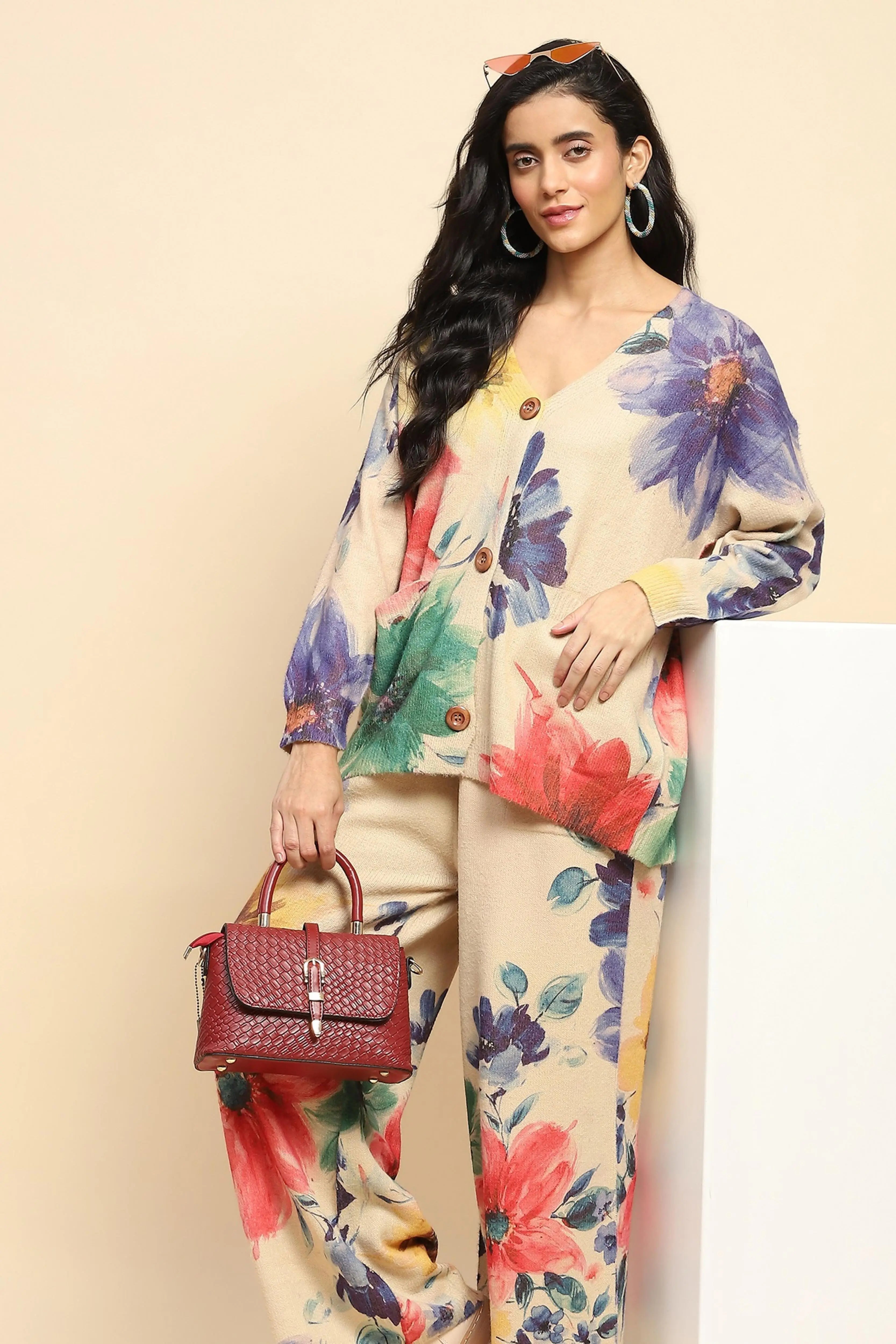 Beige Floral Loose Winter Co-ord Set - Global Republic