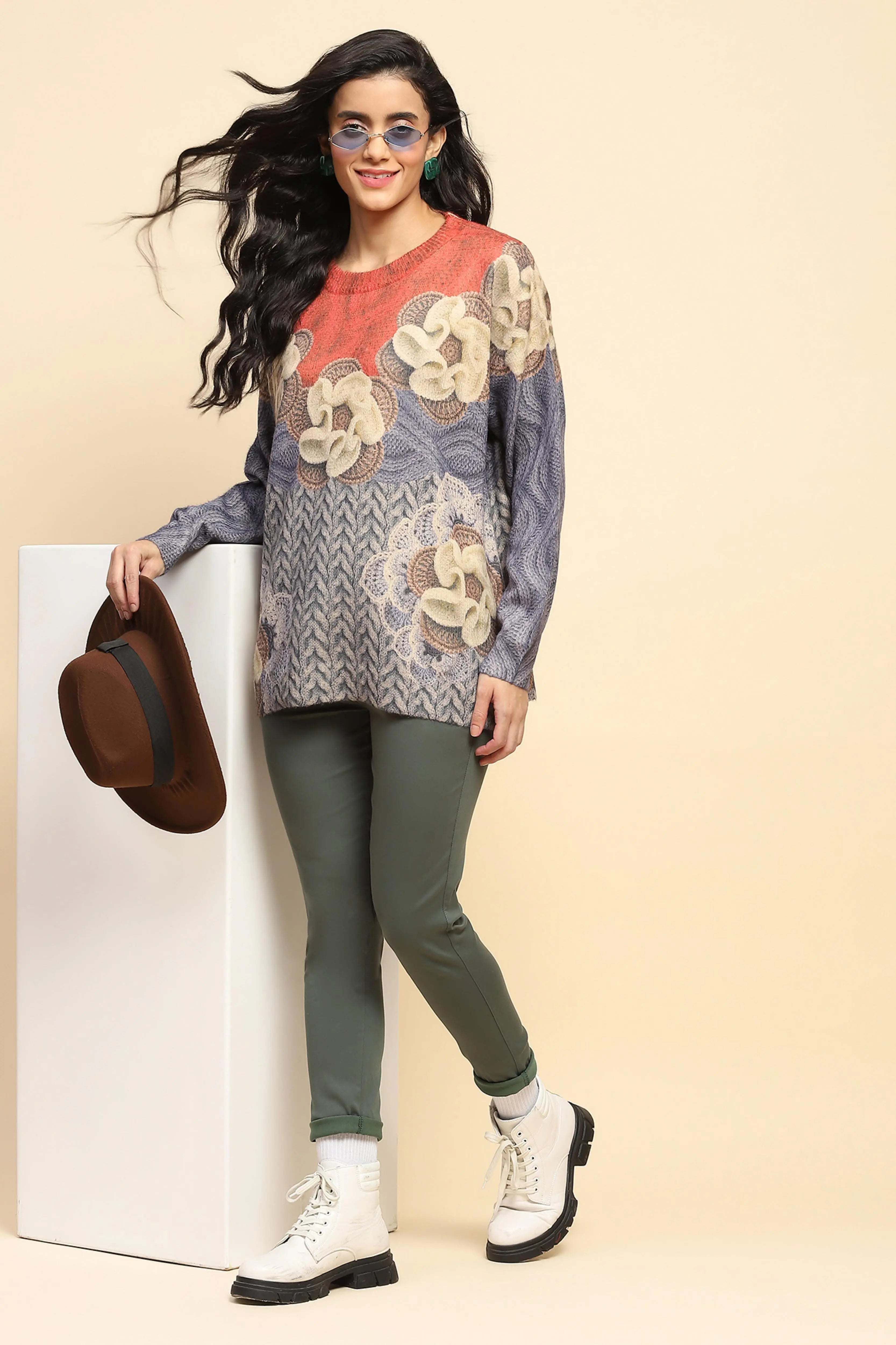 Blue Relaxed Fit Pullover For Winter - Global Republic
