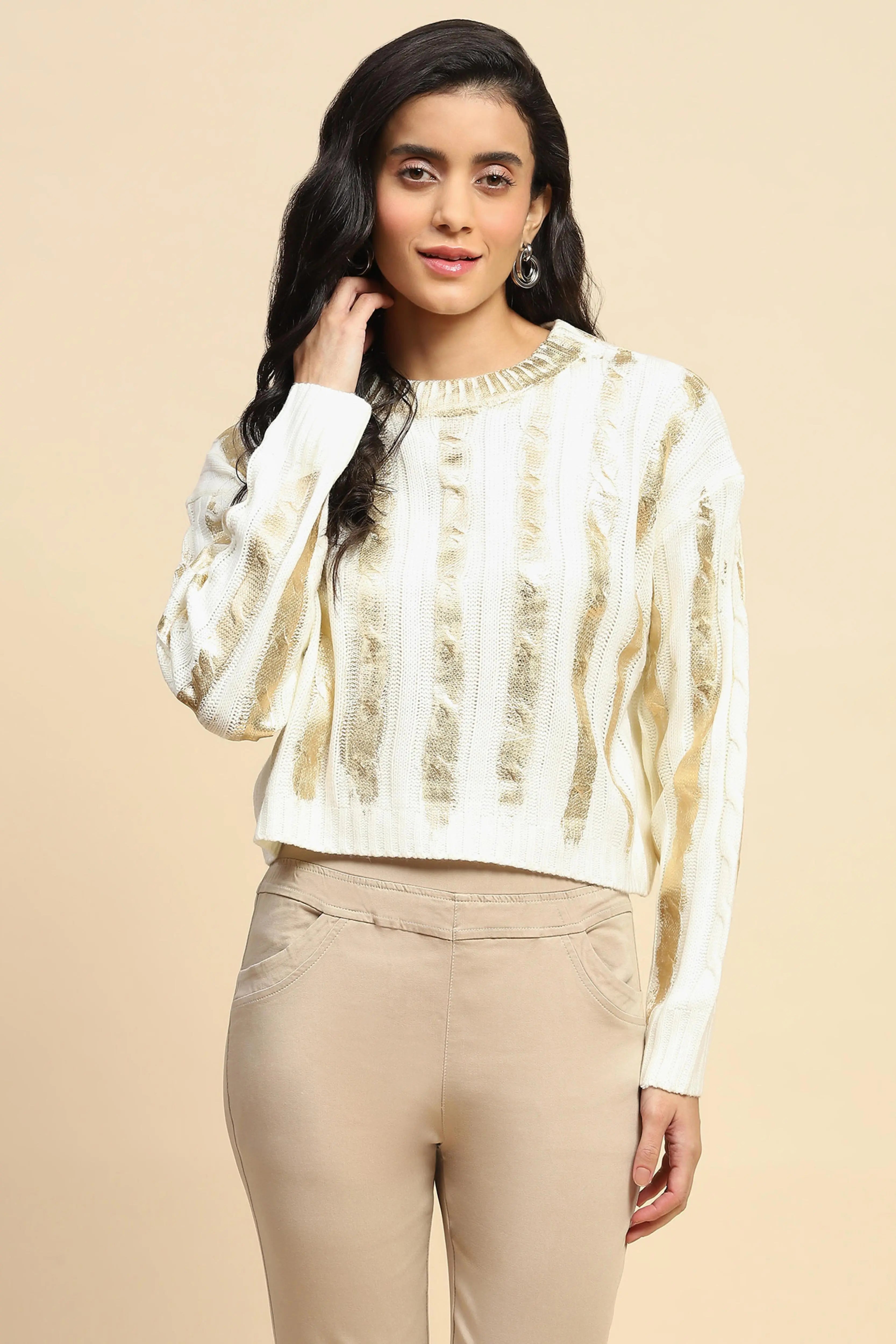 Off White & Gold Viscose Winter Top - Global Republic