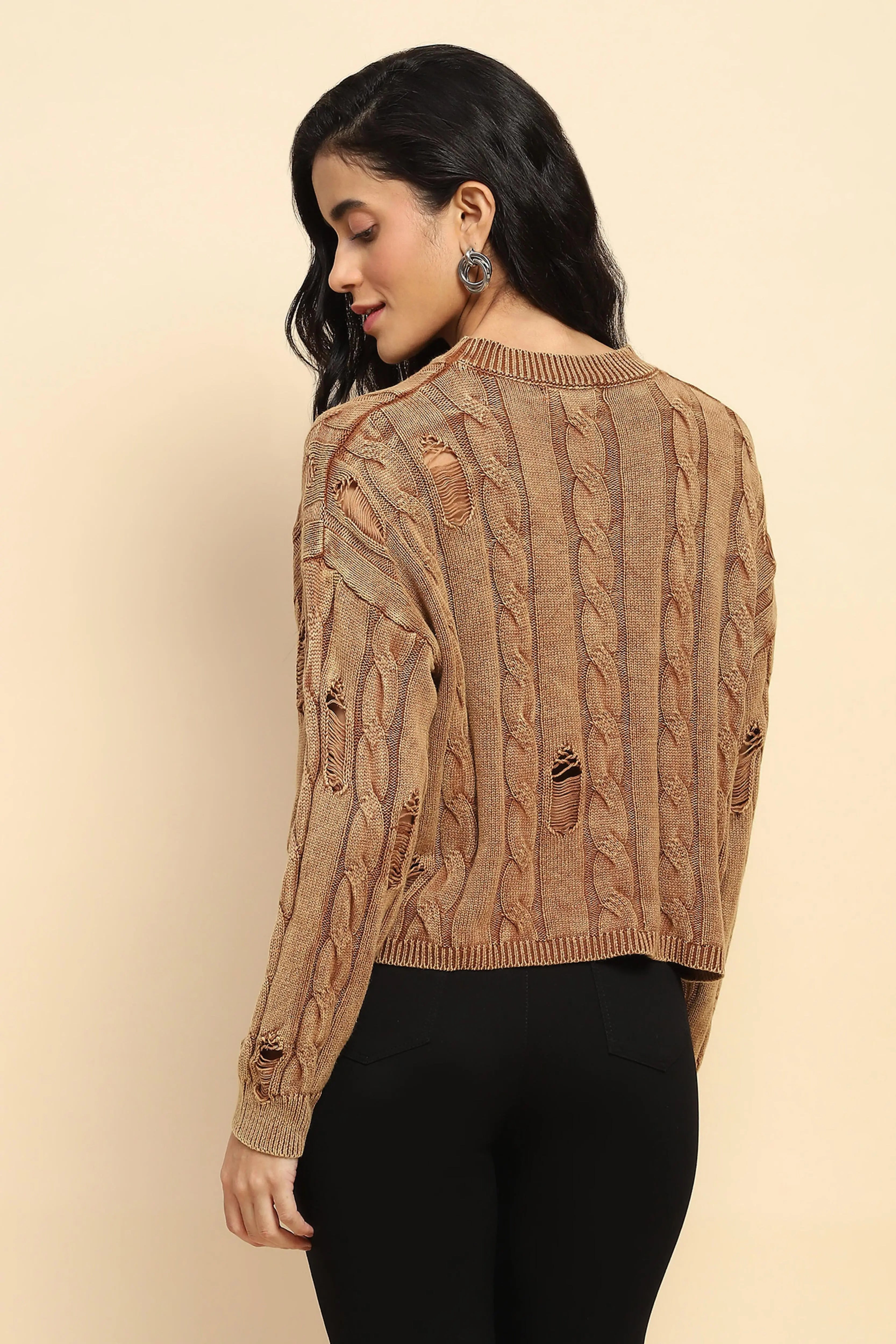 Brown Cotton Boxy Fit Pullover - Global Republic