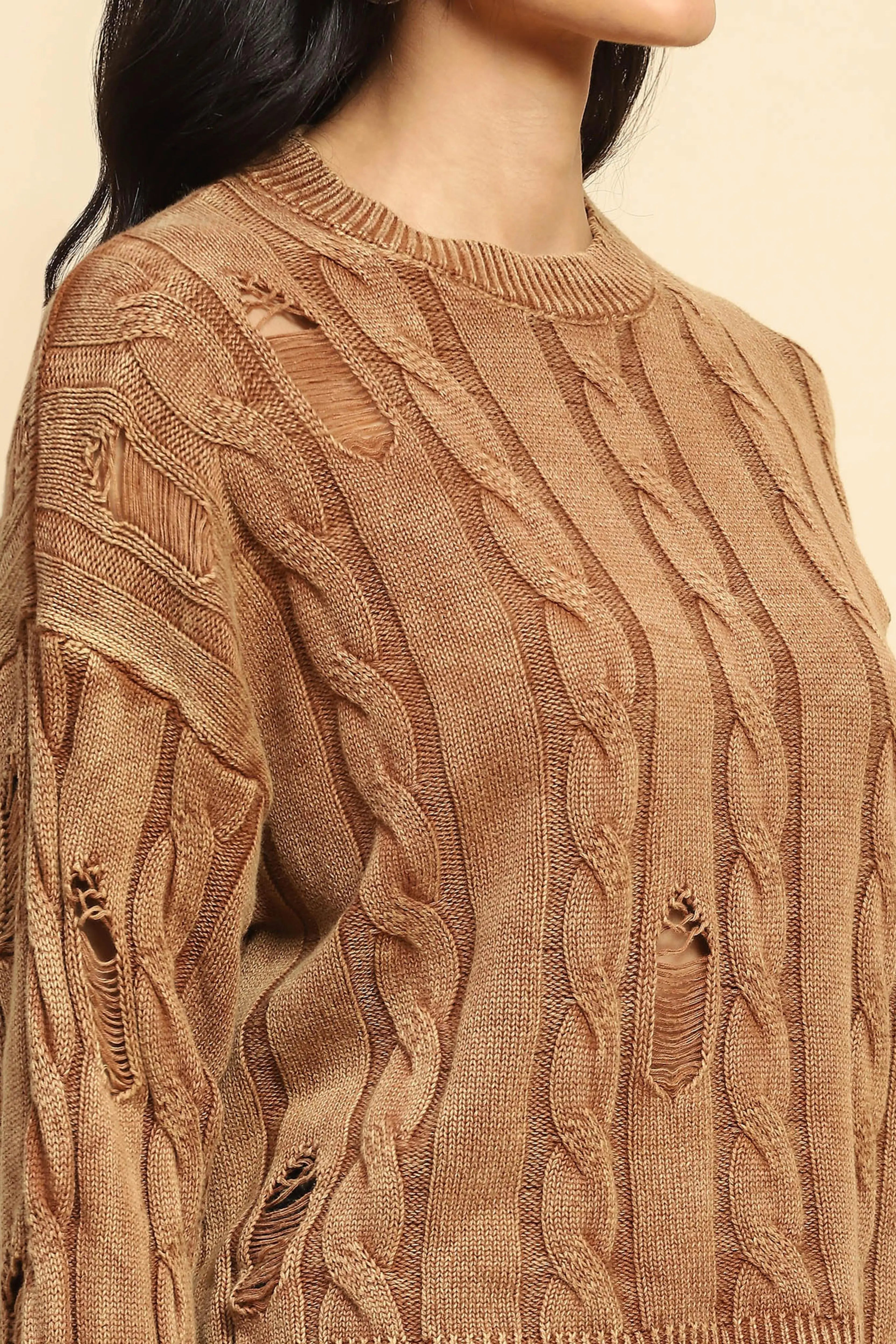 Brown Cotton Boxy Fit Pullover - Global Republic