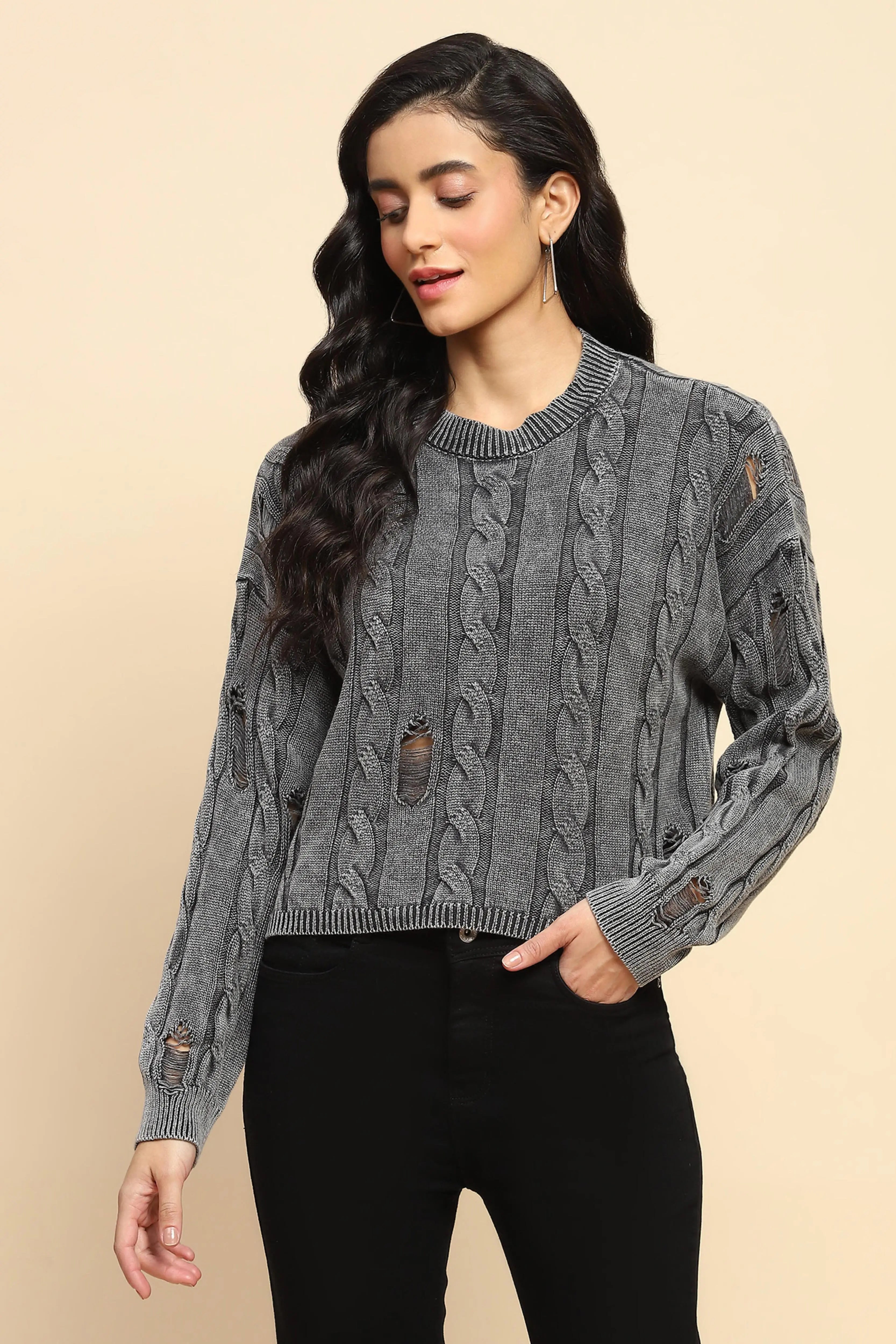 Grey Cotton Boxy Fit Pullover - Global Republic