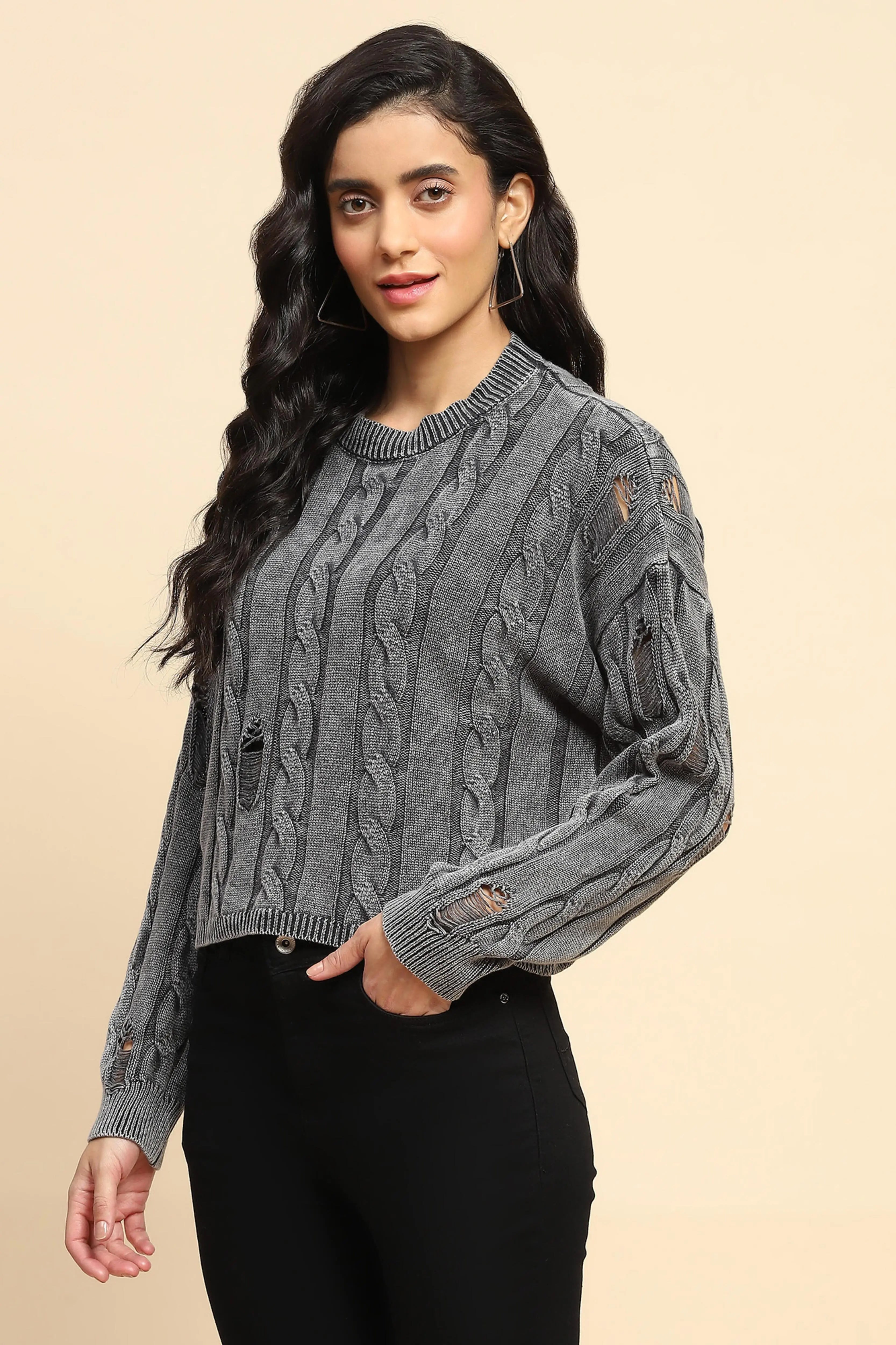 Grey Cotton Boxy Fit Pullover - Global Republic