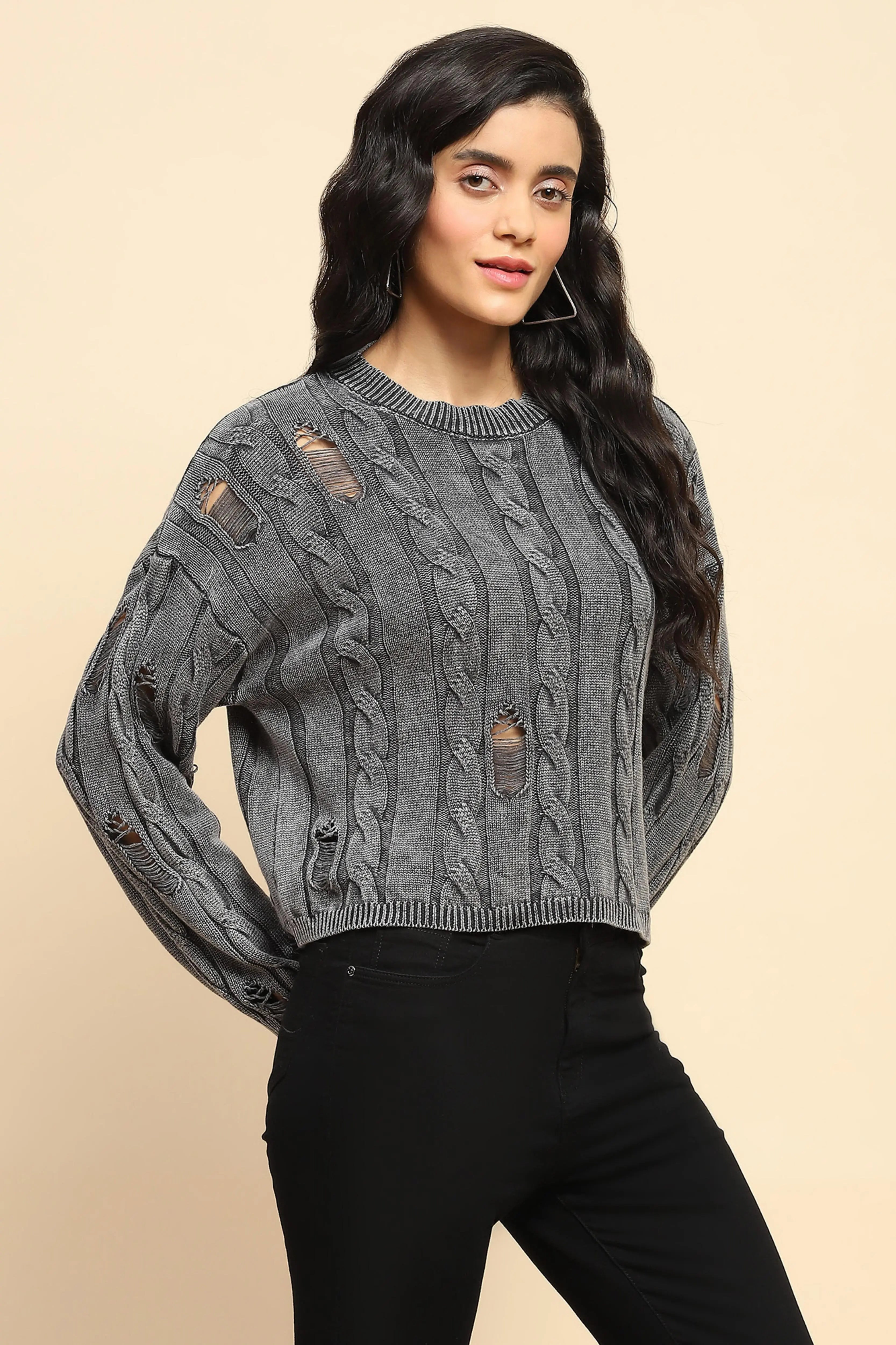 Grey Cotton Boxy Fit Pullover - Global Republic