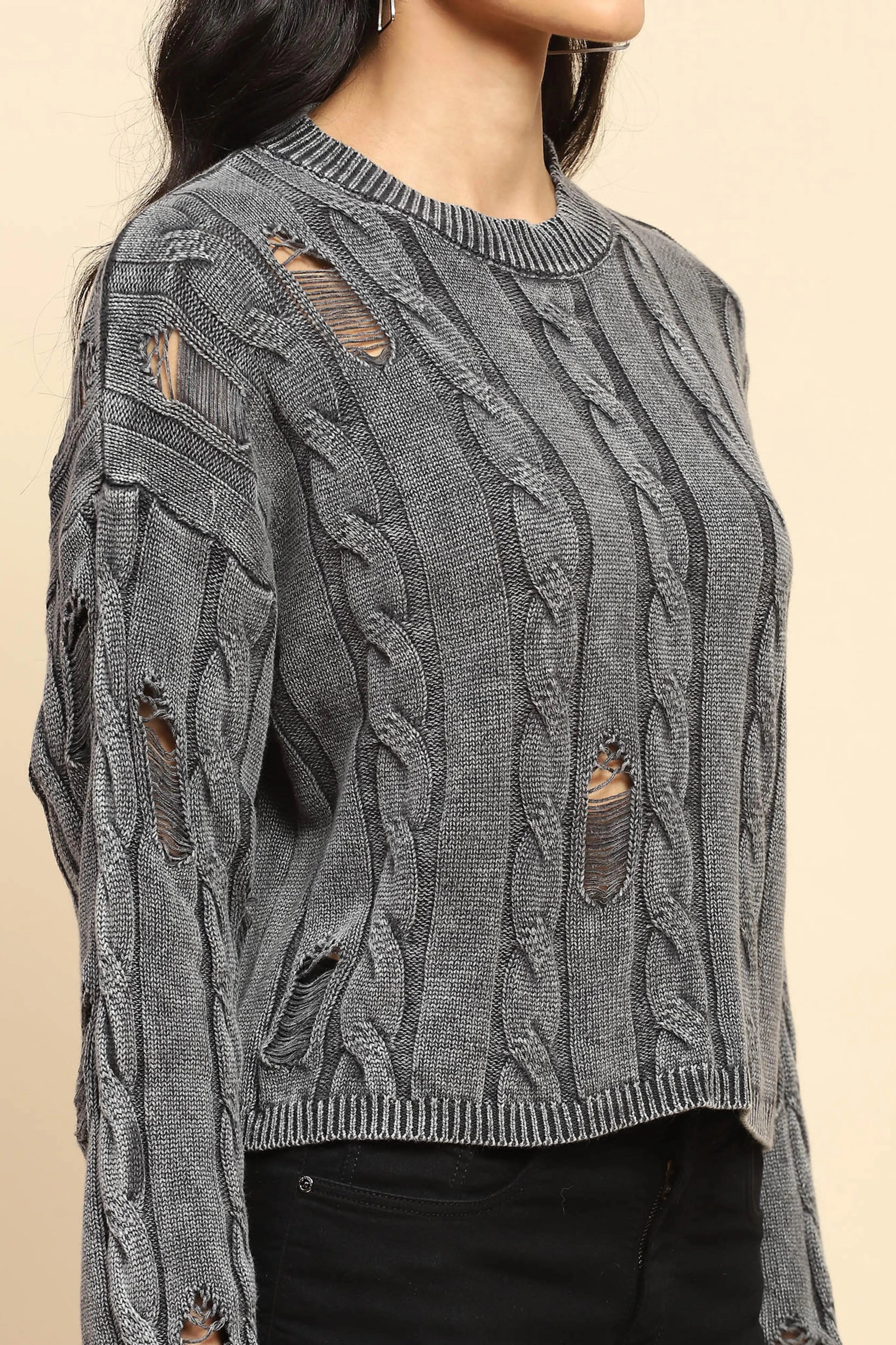 Grey Cotton Boxy Fit Pullover - Global Republic