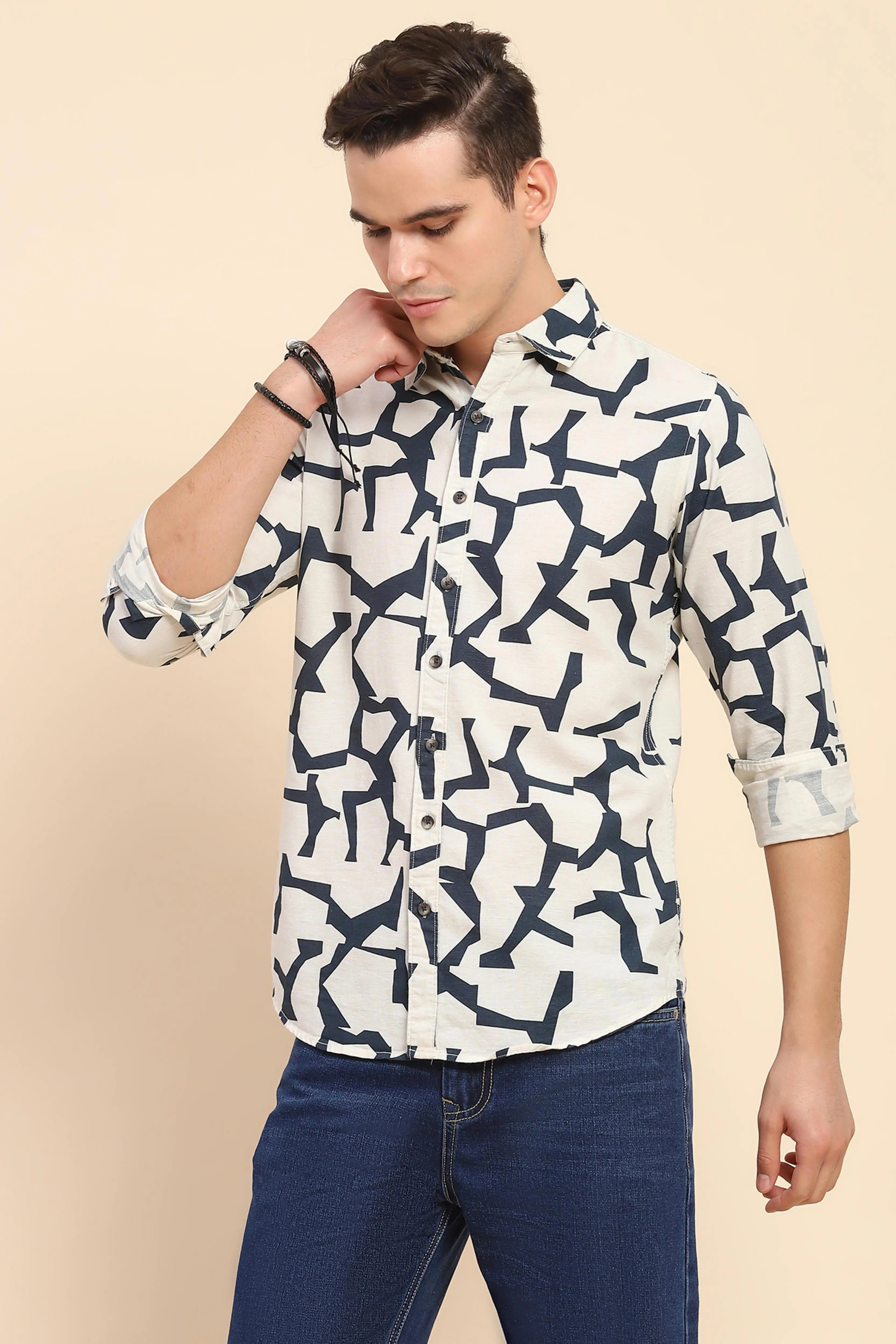 Navy Abstract Cotton Casual Shirt - Global Republic