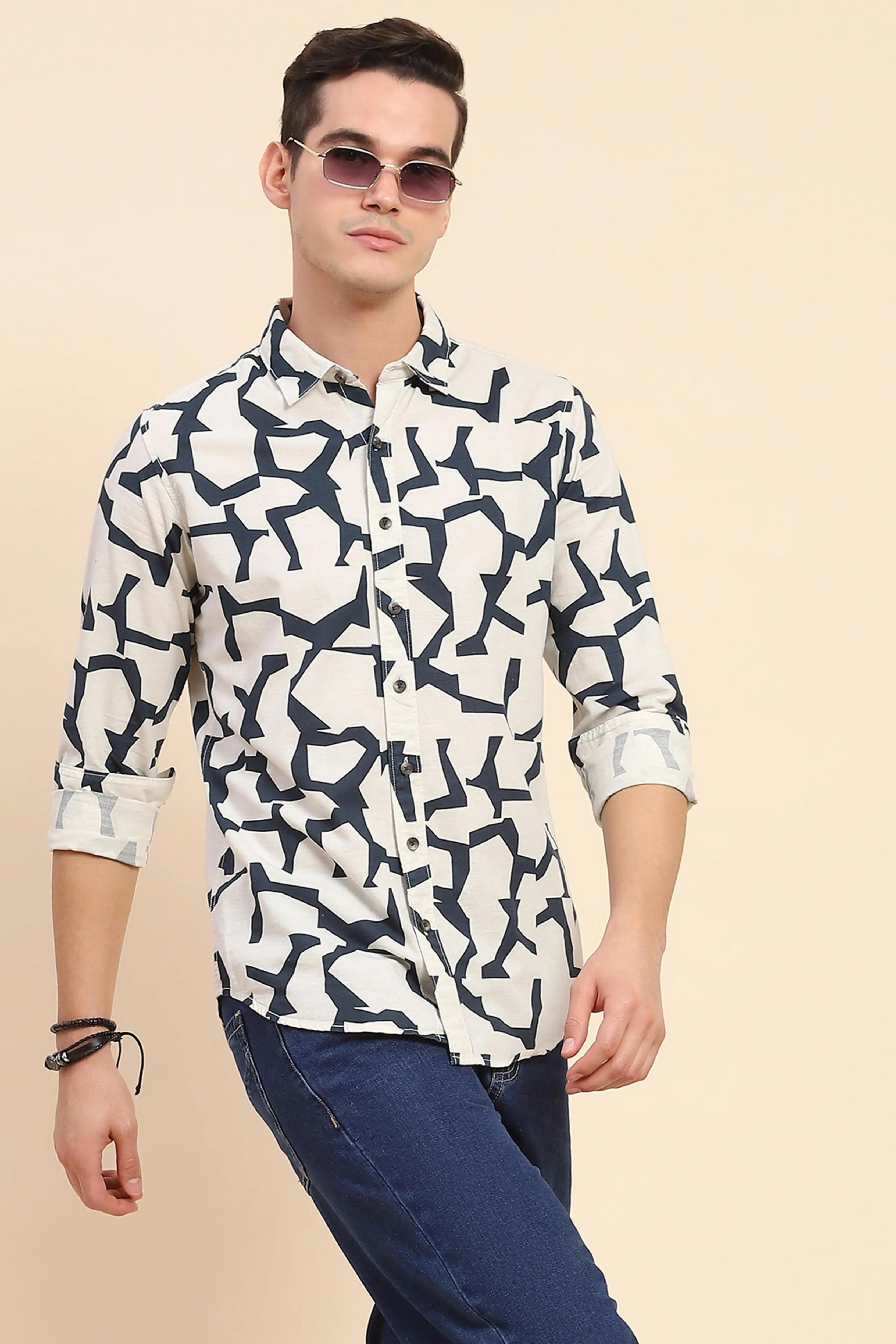Navy Abstract Cotton Casual Shirt - Global Republic