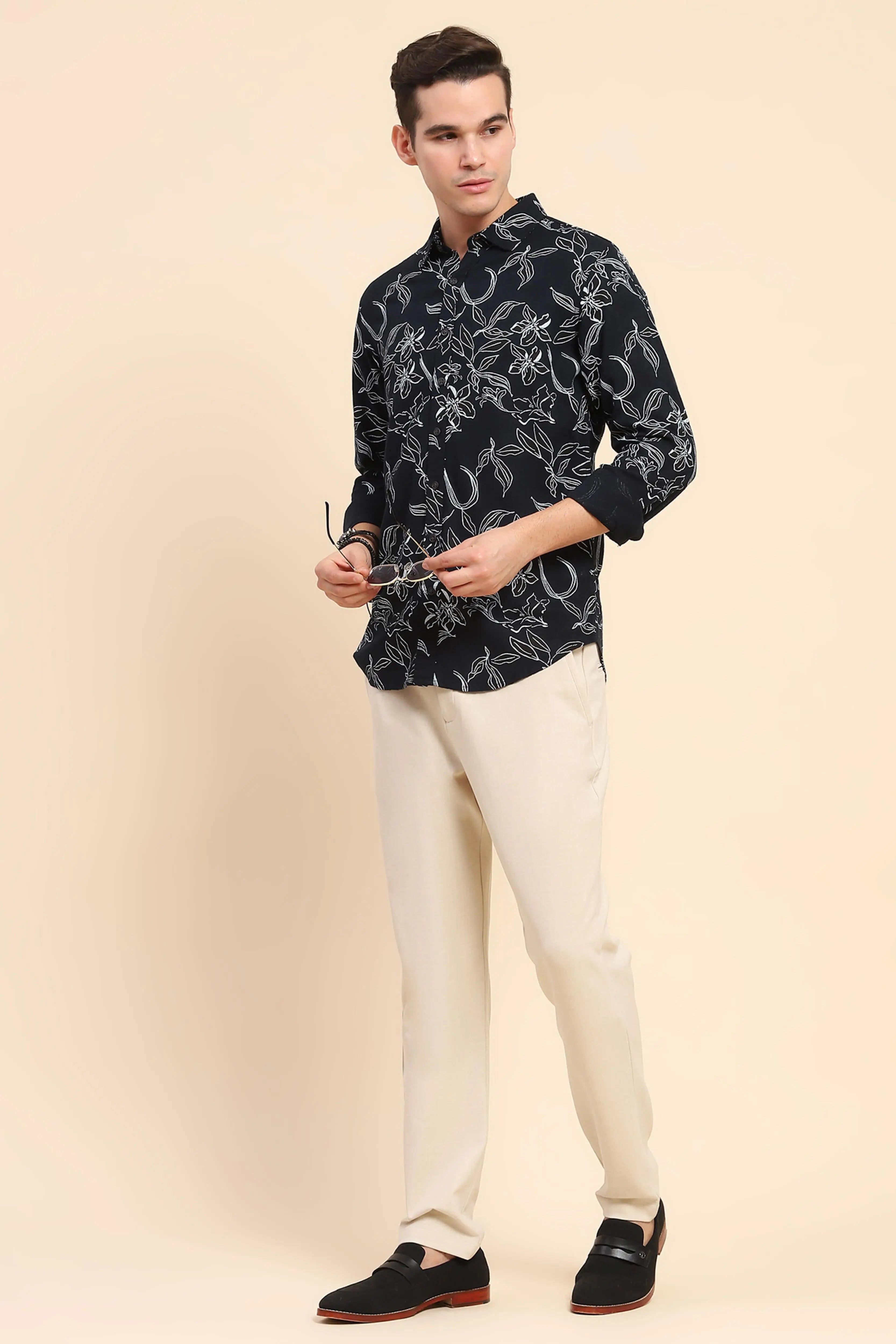 Navy Cotton Floral Casual Shirt - Global Republic