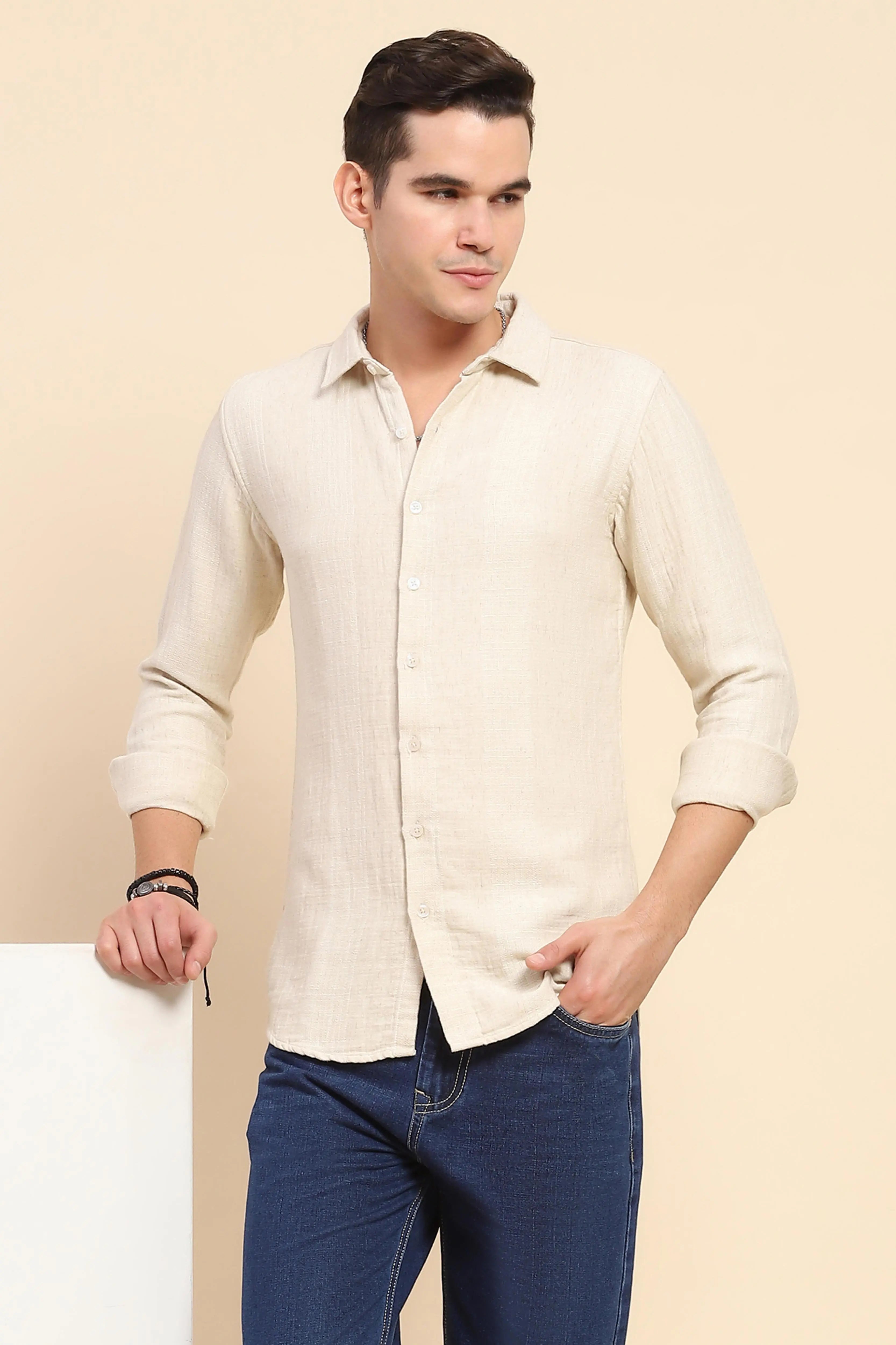 Beige Linen Blend Self Design Shirt - Global Republic