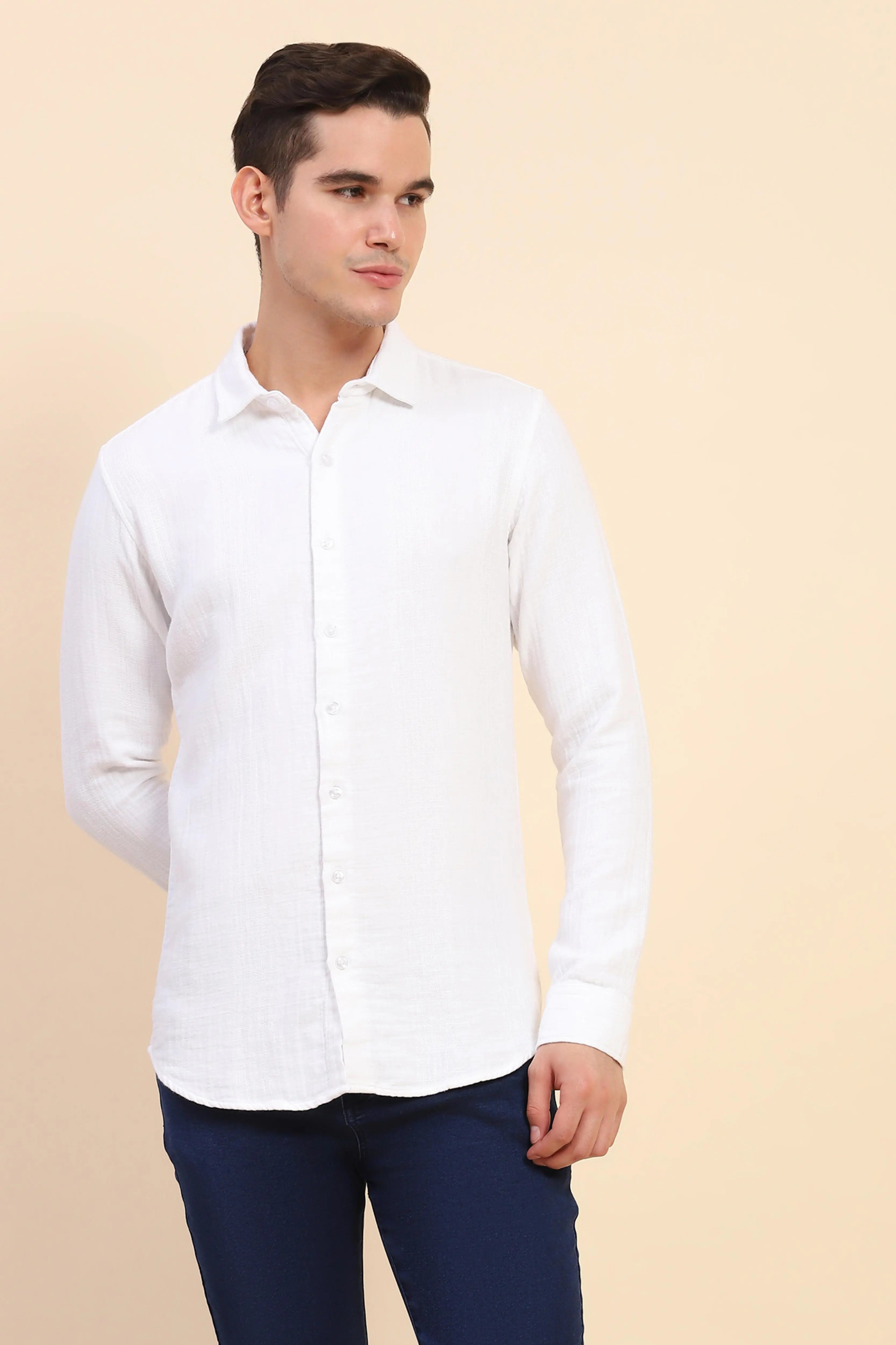 White Cotton Linen Self Design Casual Shirt - Global Republic