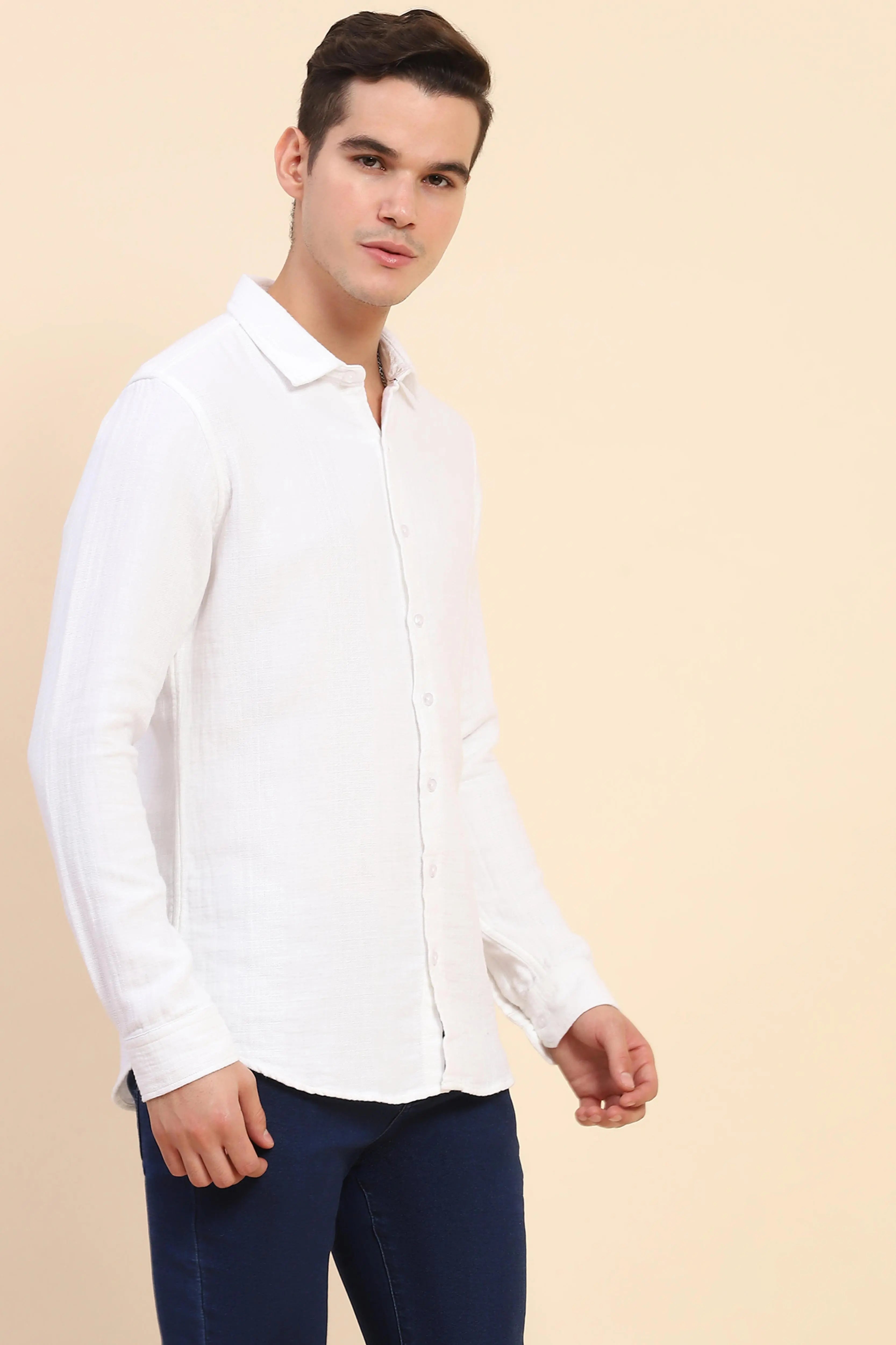 White Cotton Linen Self Design Casual Shirt - Global Republic