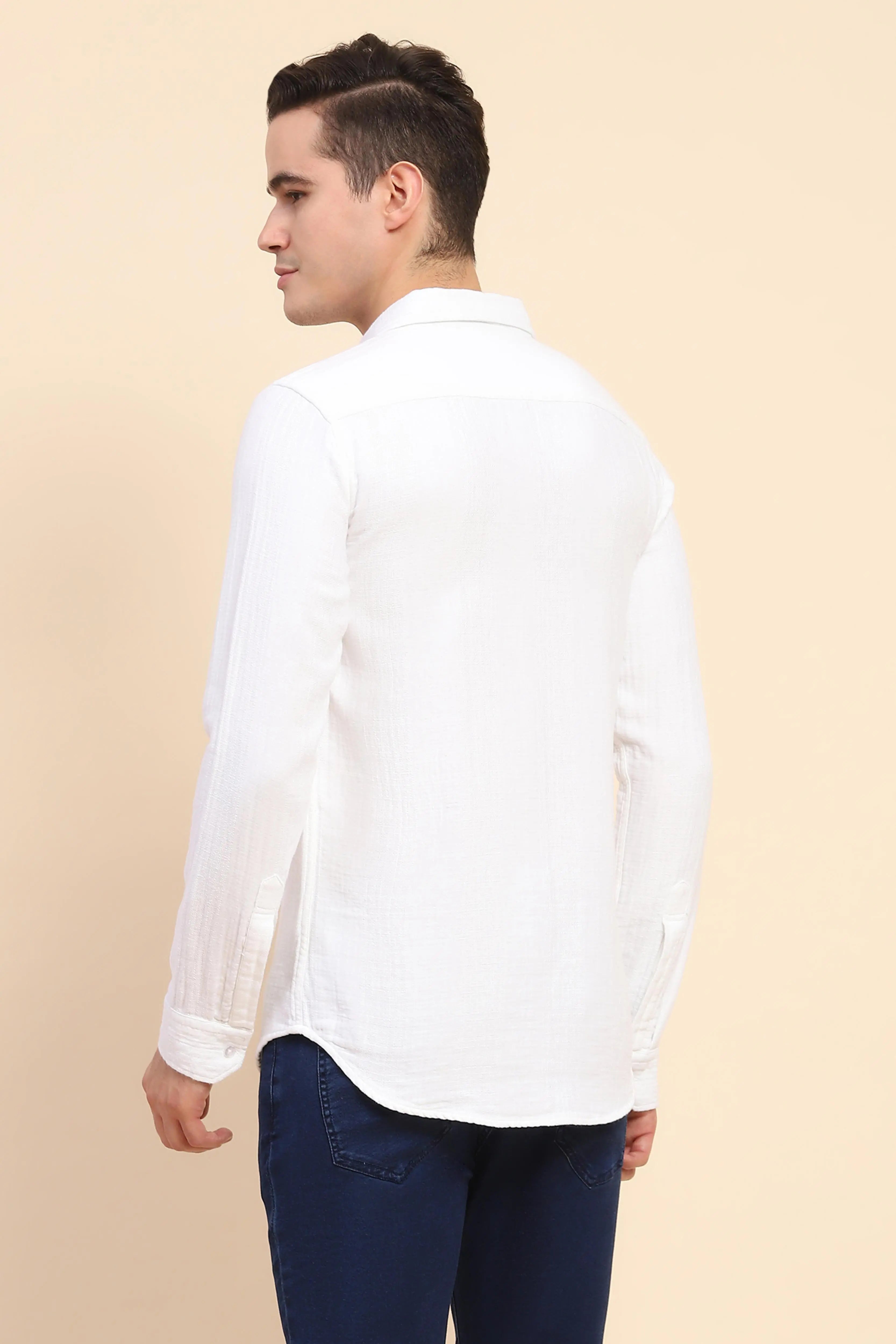 White Cotton Linen Self Design Casual Shirt - Global Republic