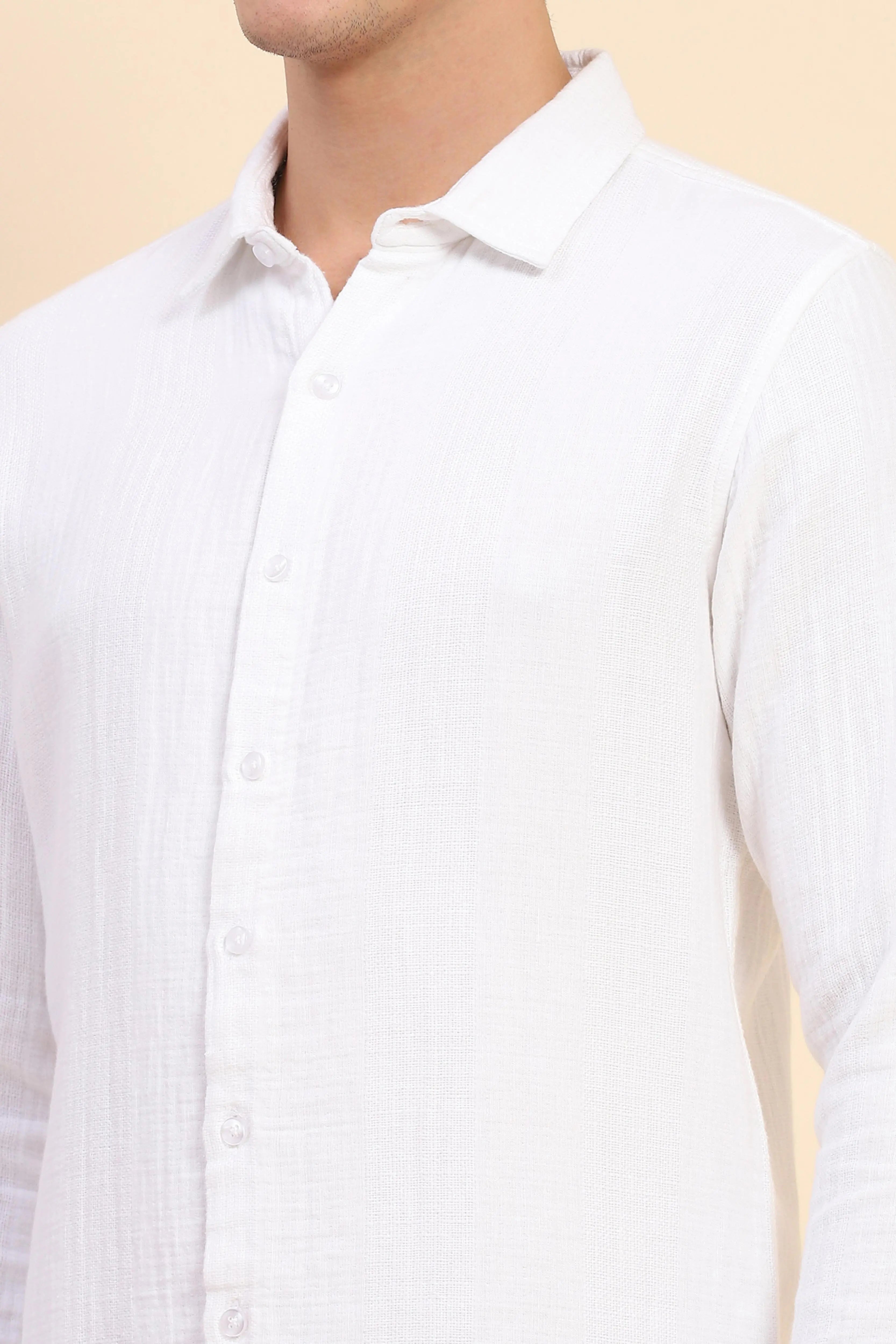White Cotton Linen Self Design Casual Shirt - Global Republic