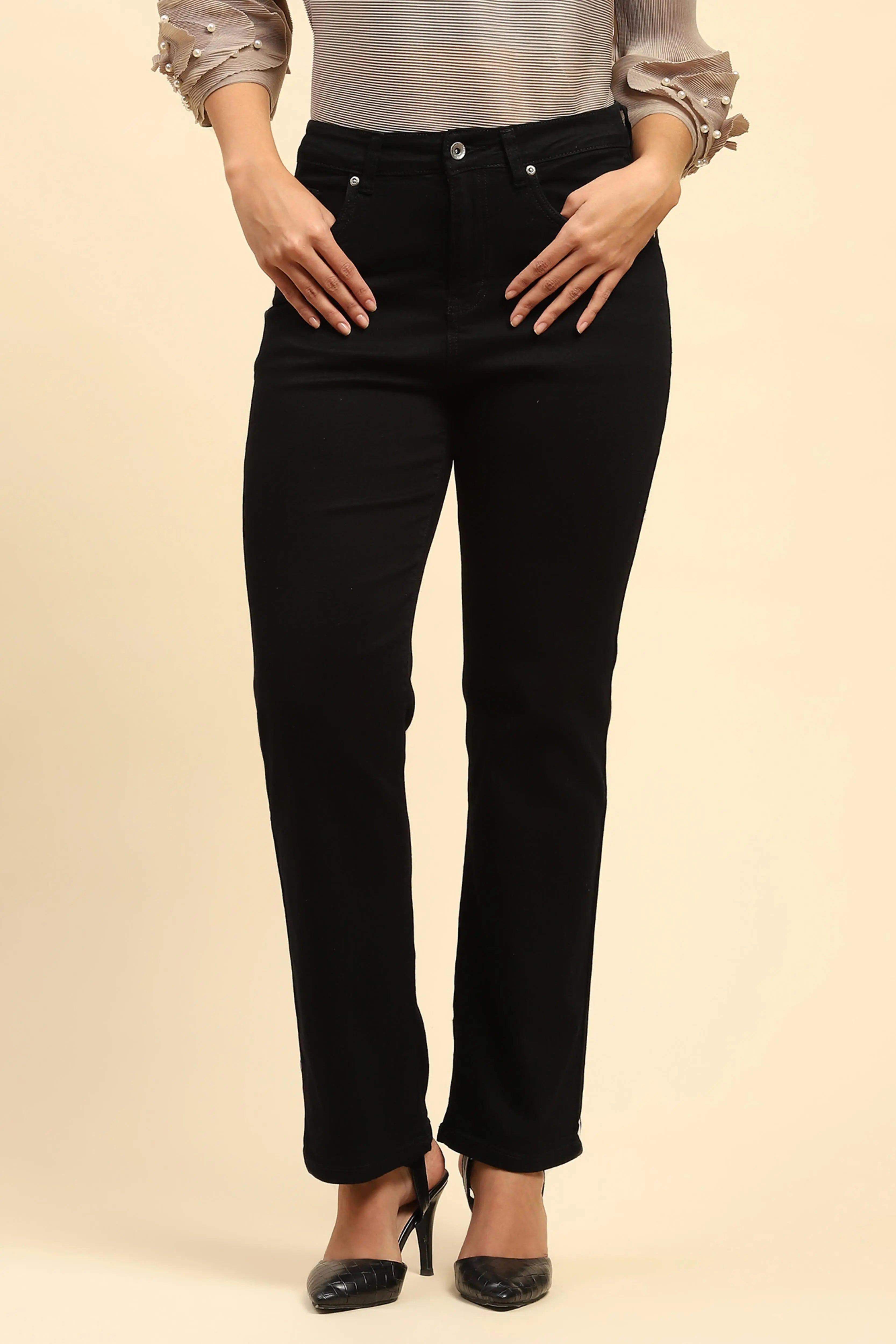 Black Solid Cotton Blend Straight Fit Jeans - Global Republic