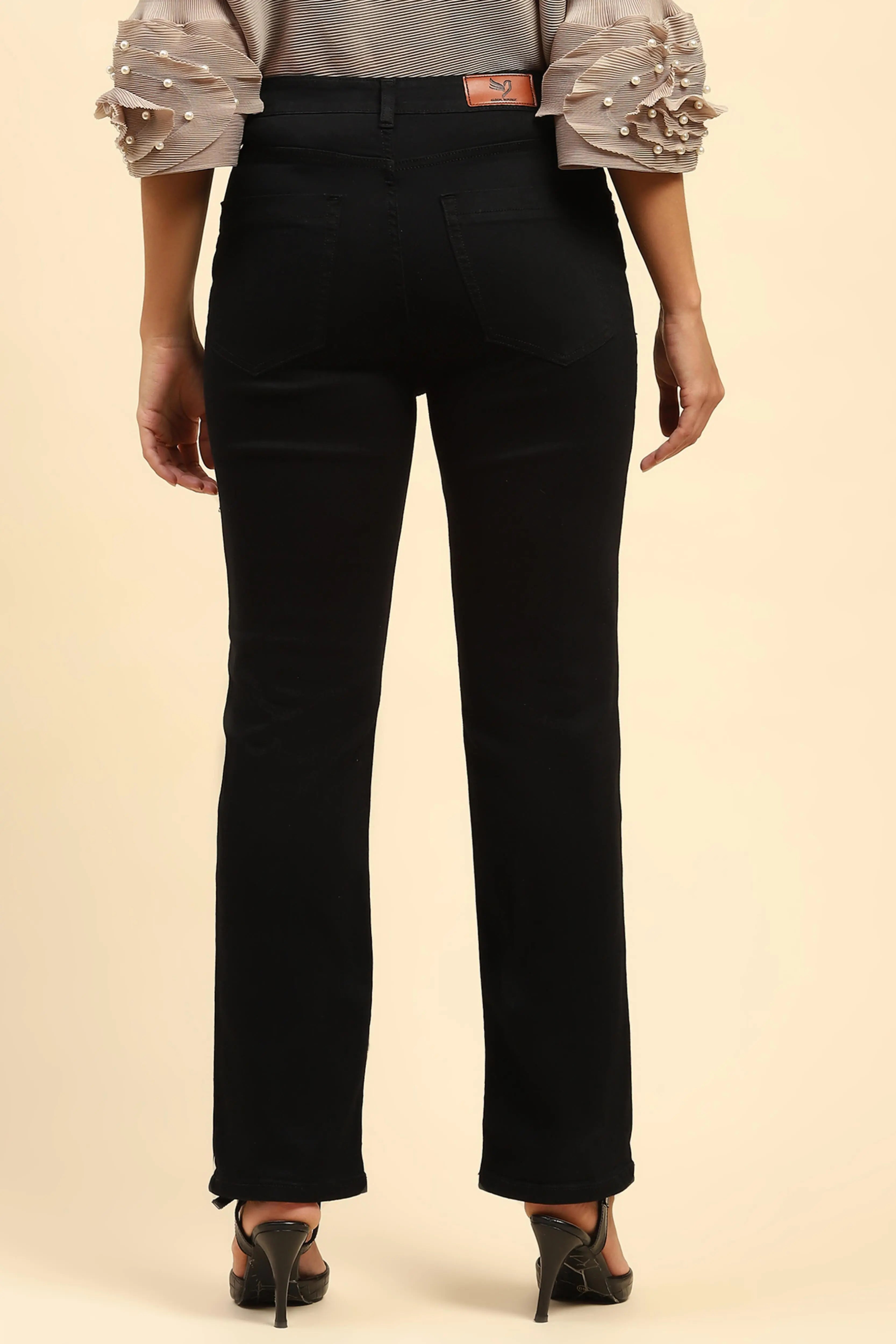 Black Solid Cotton Blend Straight Fit Jeans - Global Republic