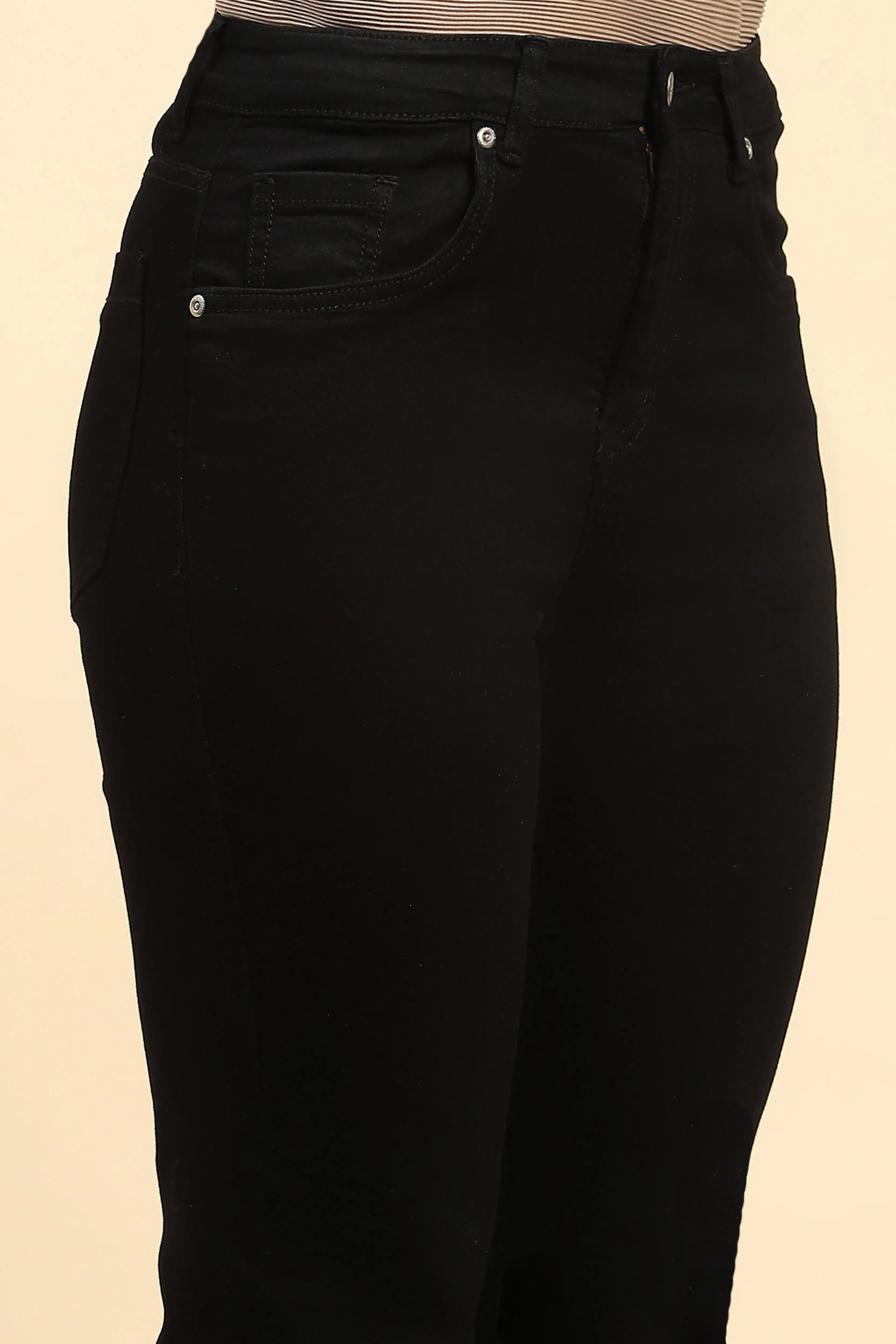 Black Solid Cotton Blend Straight Fit Jeans - Global Republic