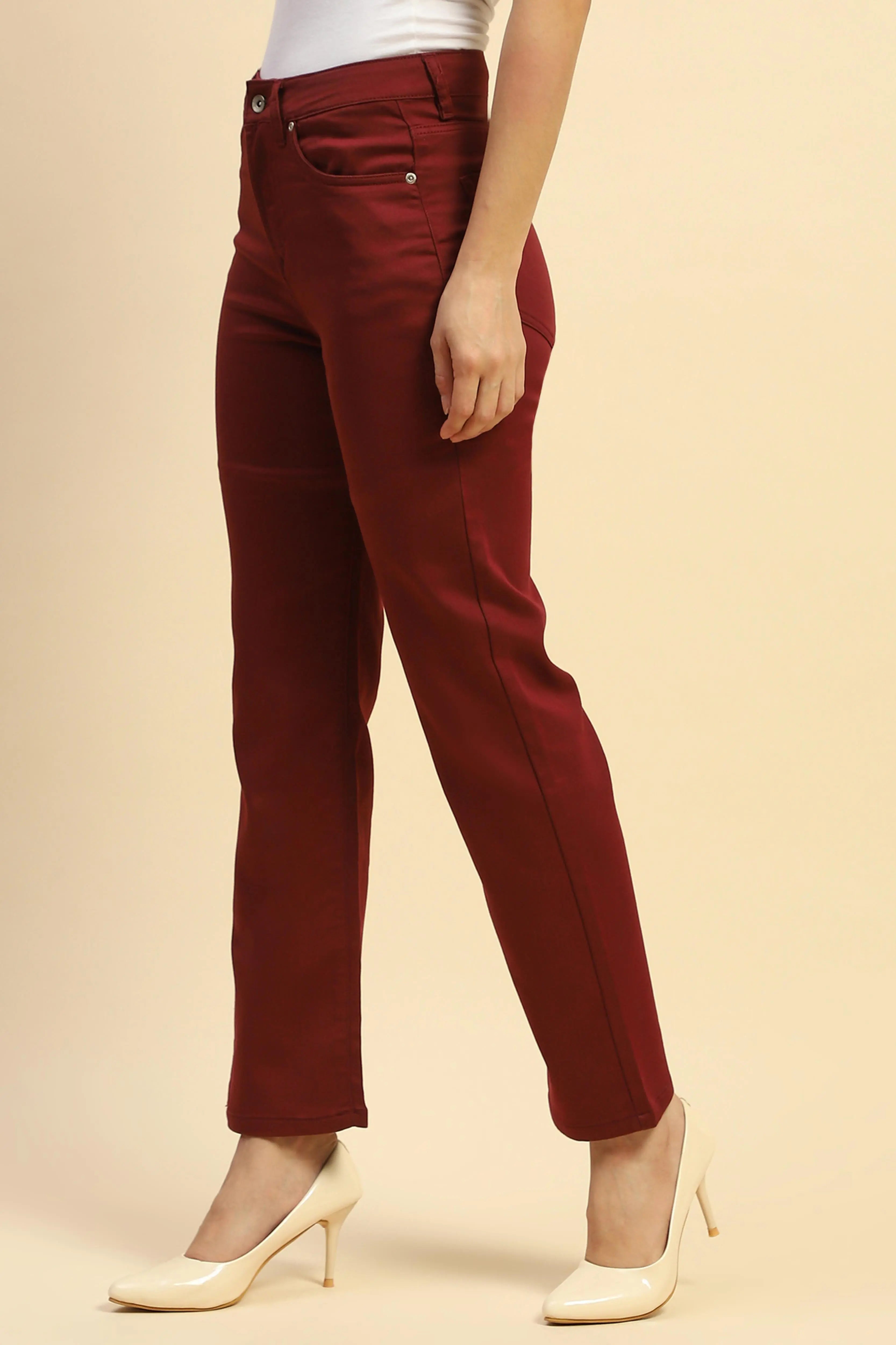 Maroon Cotton Blend Stretchable Straight fit Trouser - Global Republic