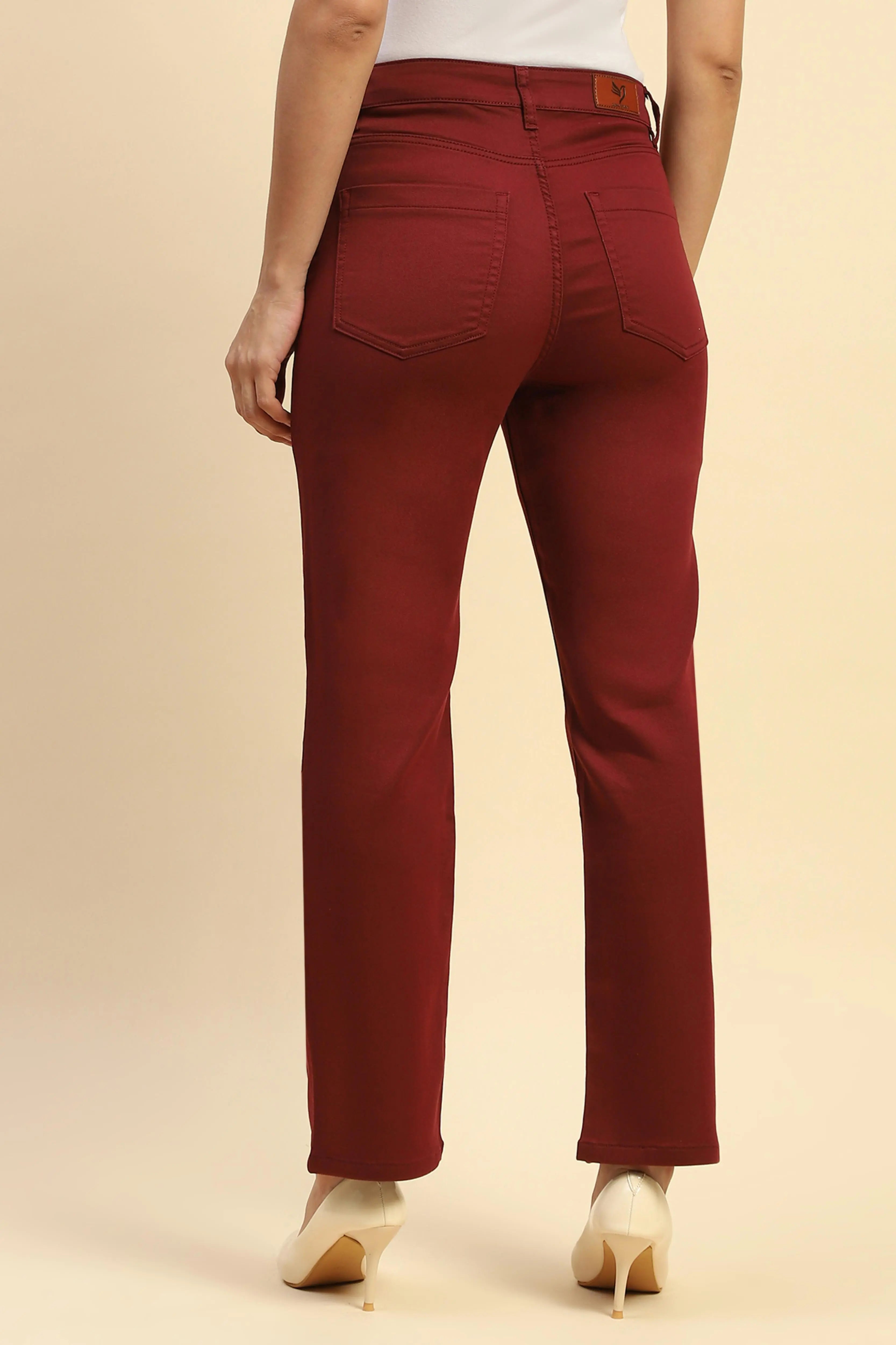 Maroon Cotton Blend Stretchable Straight fit Trouser - Global Republic