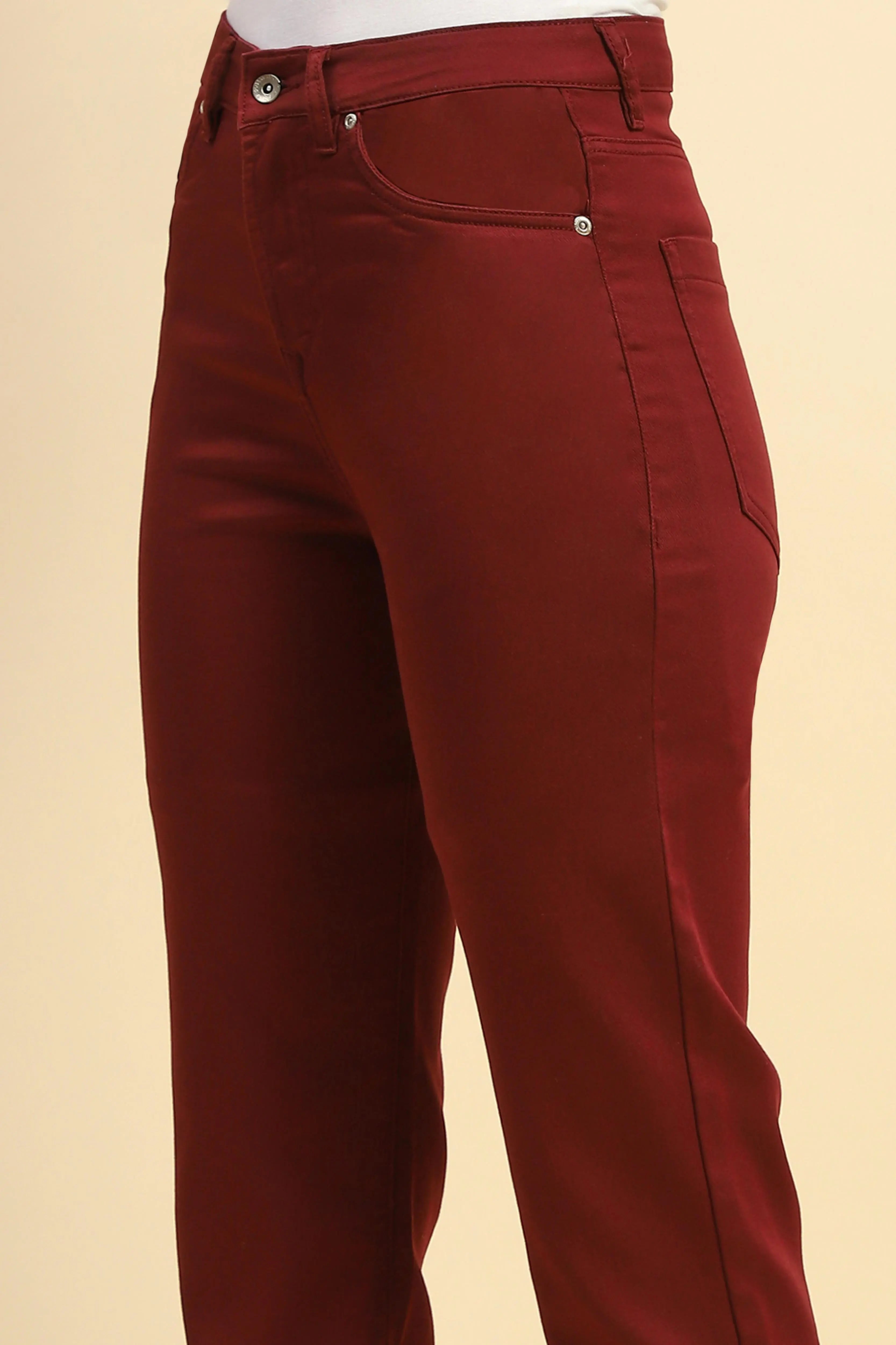 Maroon Cotton Blend Stretchable Straight fit Trouser - Global Republic