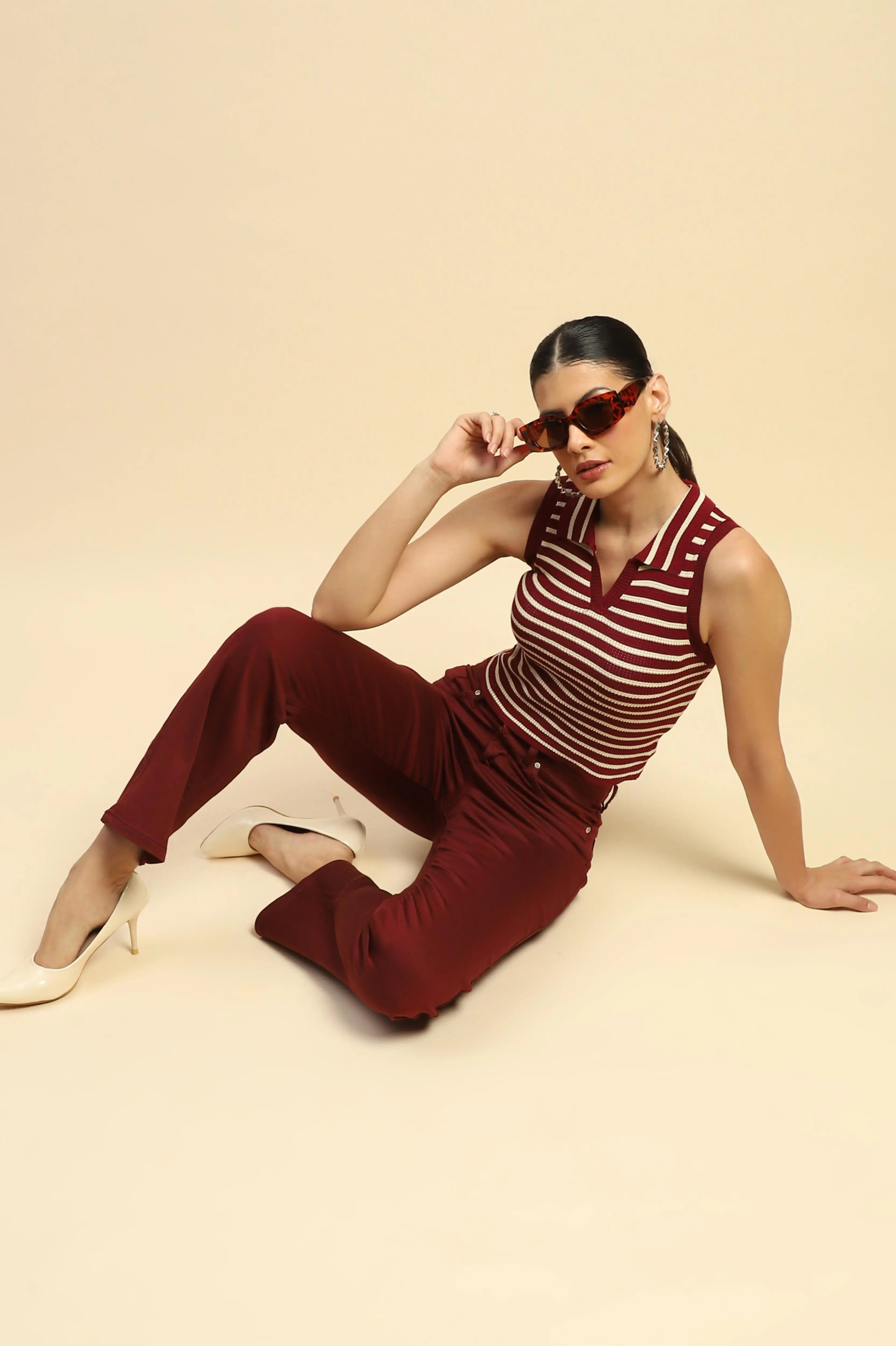 Maroon Cotton Blend Stretchable Straight fit Trouser - Global Republic