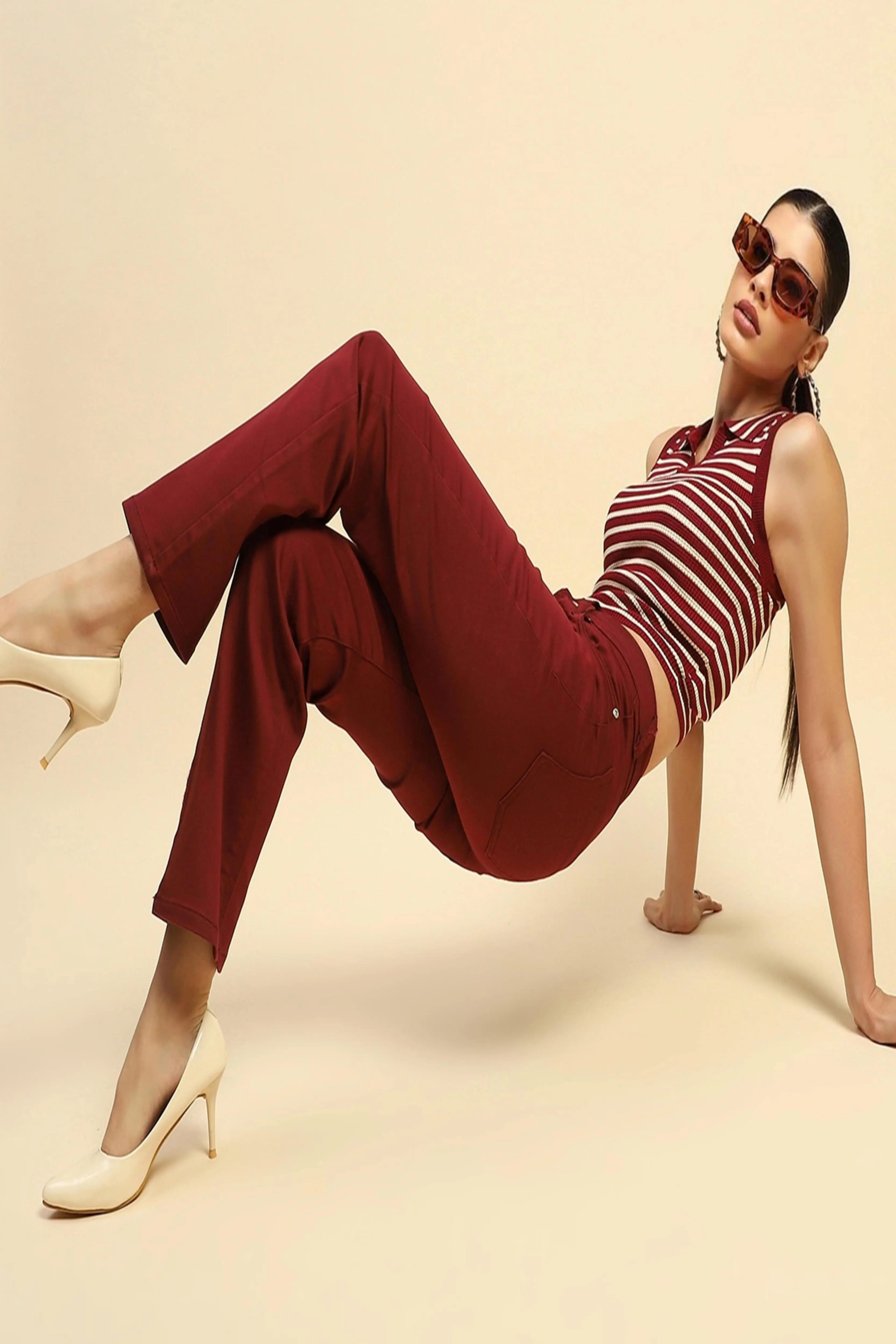 Maroon Cotton Blend Stretchable Trouser - Global Republic