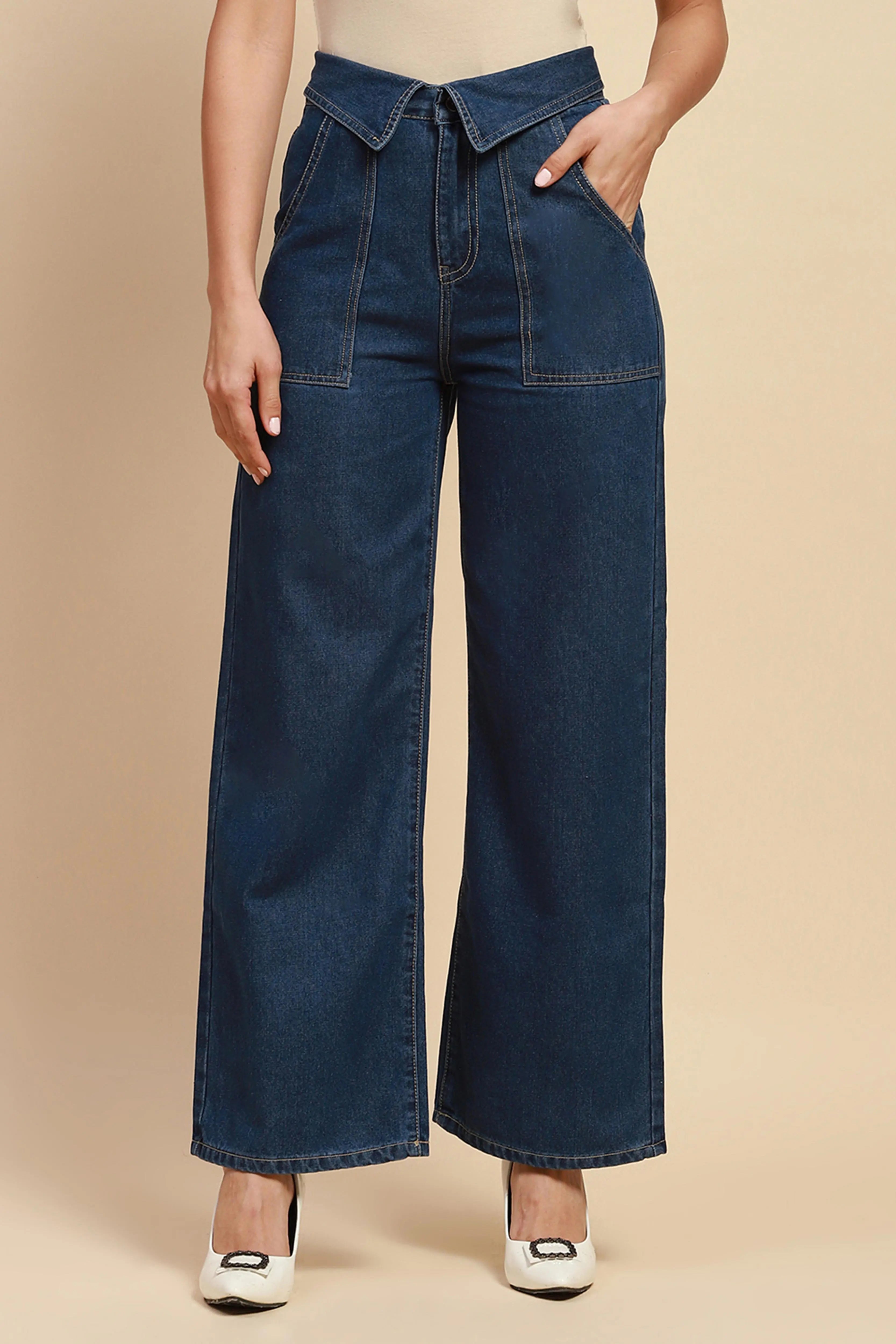 Blue Cotton Blend Loose Fit Jeans For Women - Global Republic