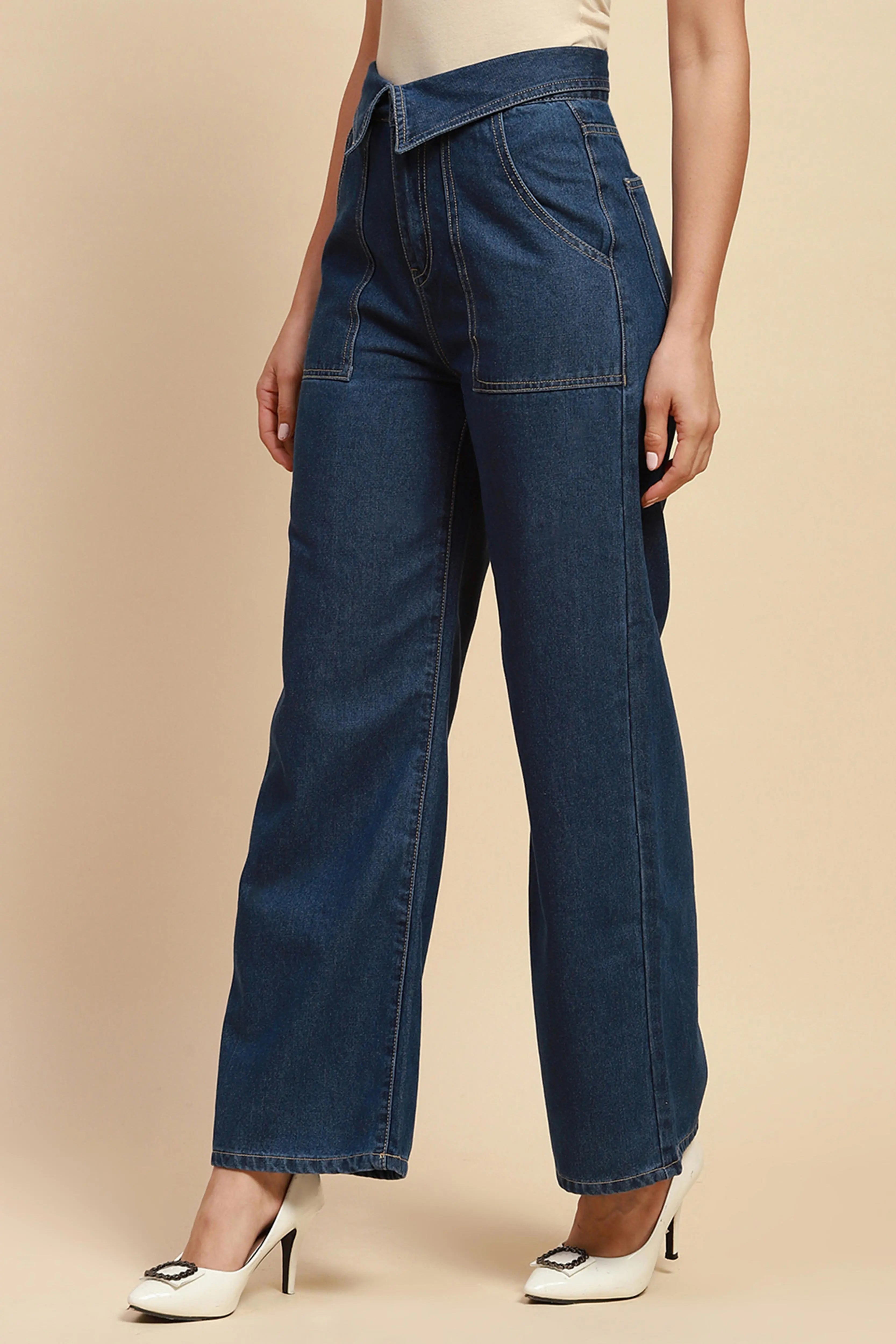 Blue Cotton Blend Loose Fit Jeans For Women - Global Republic