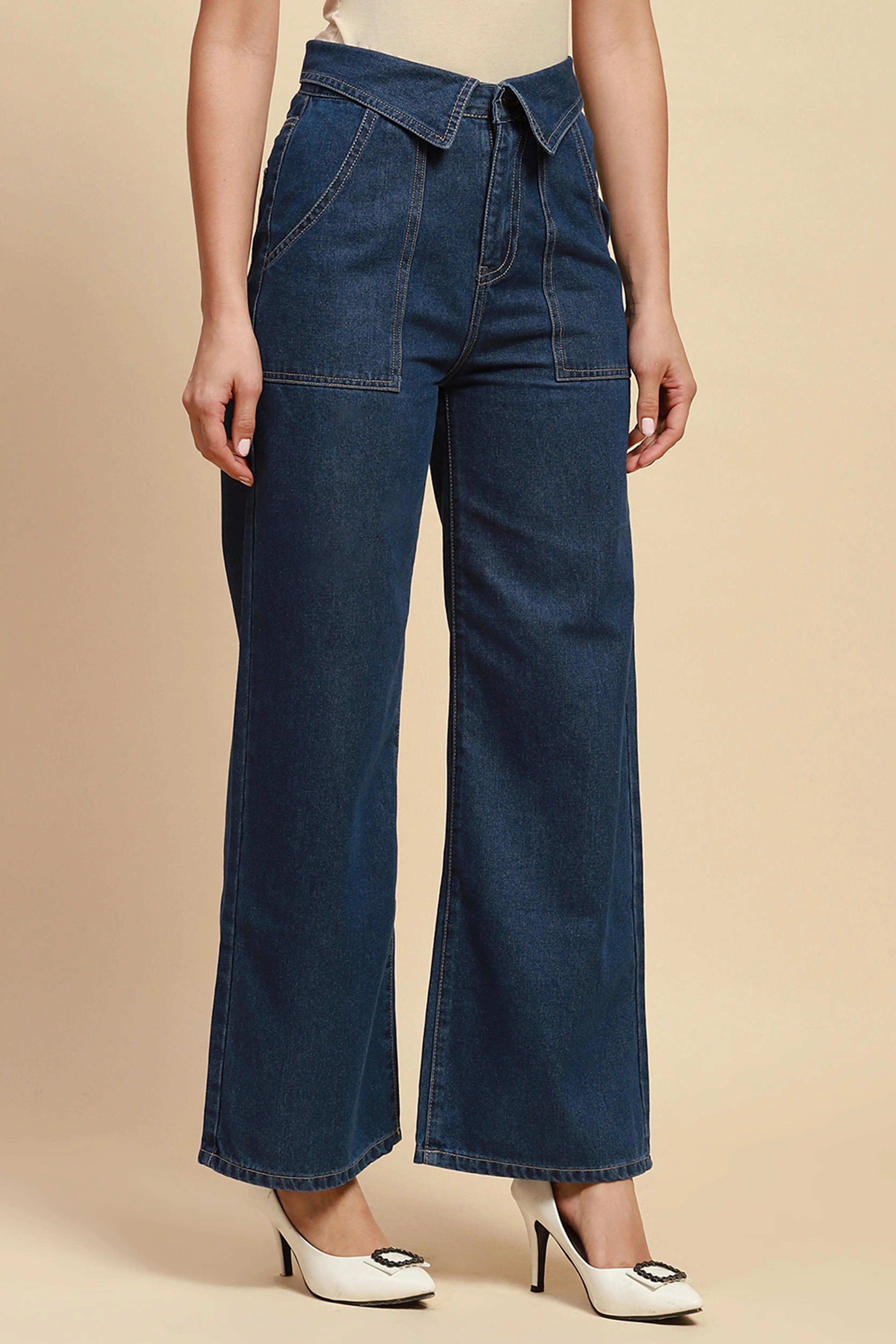 Blue Cotton Blend Loose Fit Jeans For Women - Global Republic