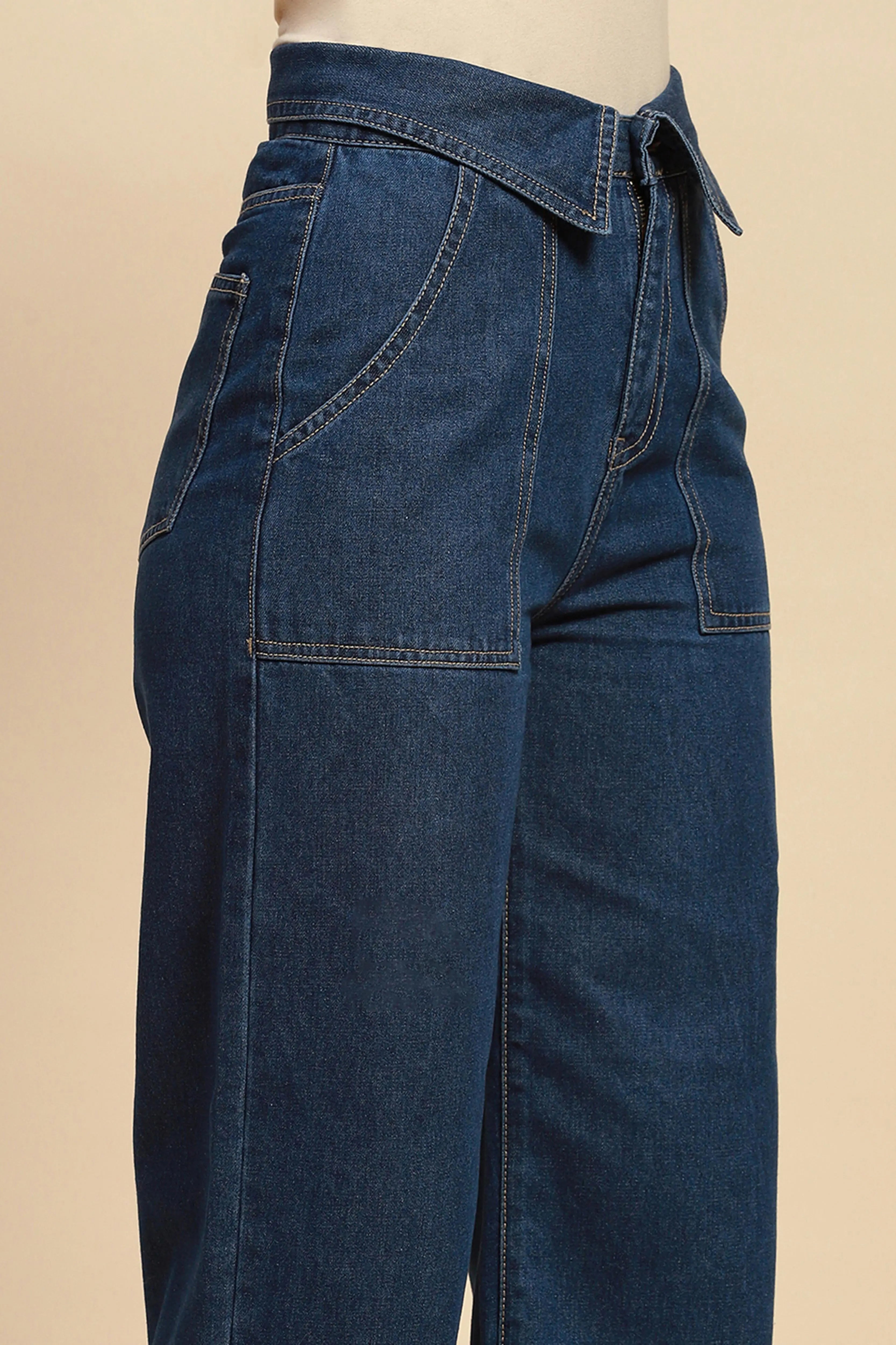 Blue Cotton Blend Loose Fit Jeans For Women - Global Republic