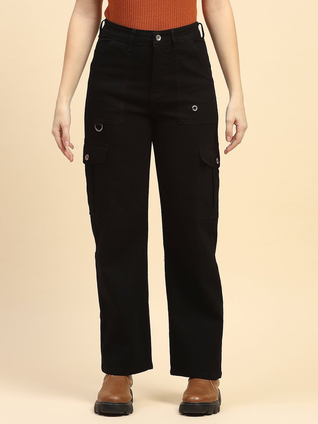 Jet Black Cotton Straight Fit Cargo - Global Republic