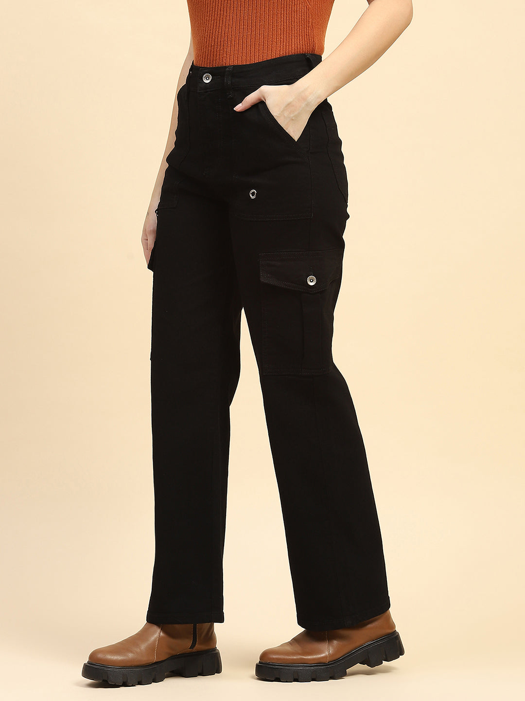 Jet Black Cotton Straight Fit Cargo - Global Republic