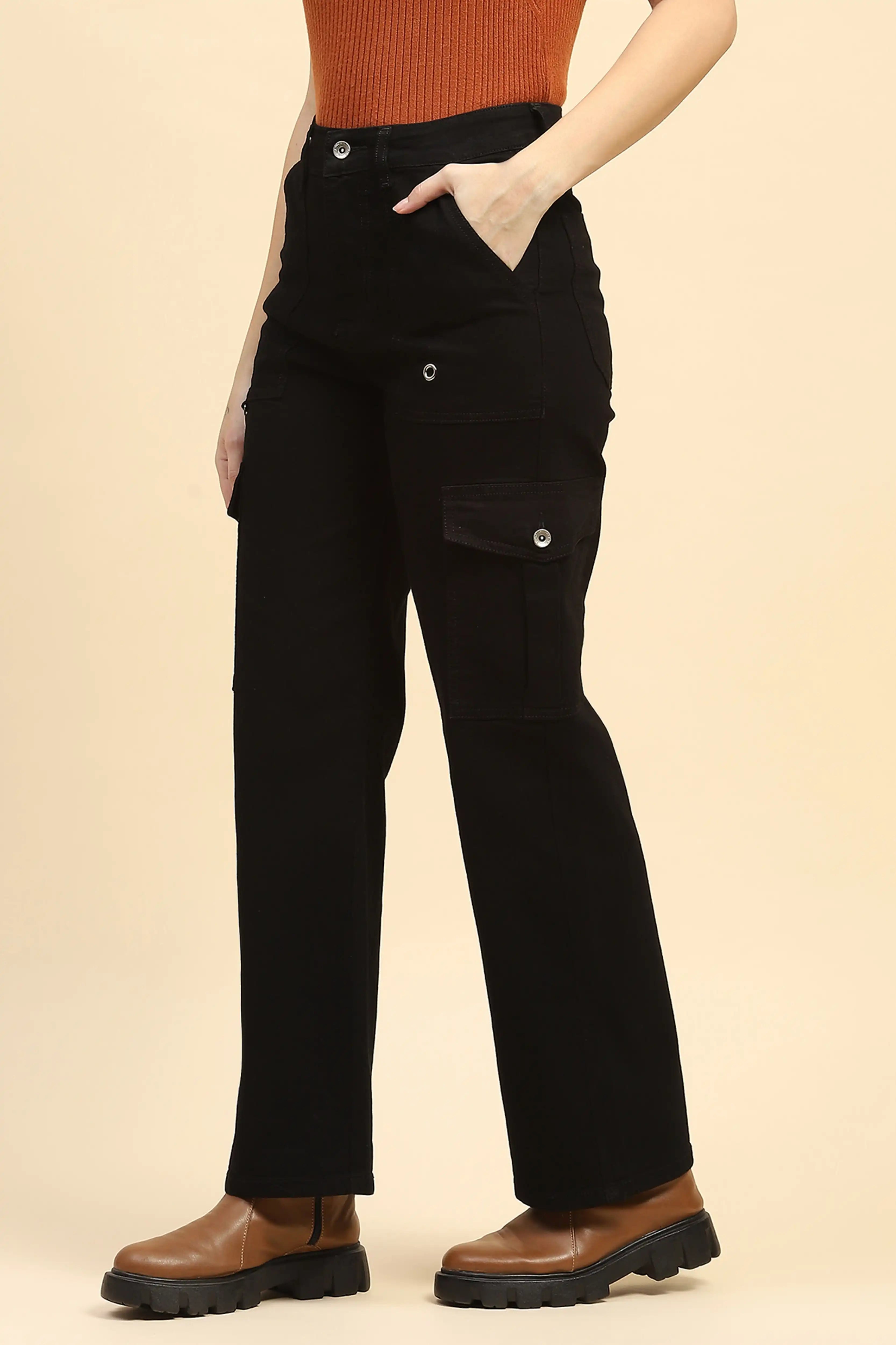 Jet Black Cotton Straight Fit Cargo