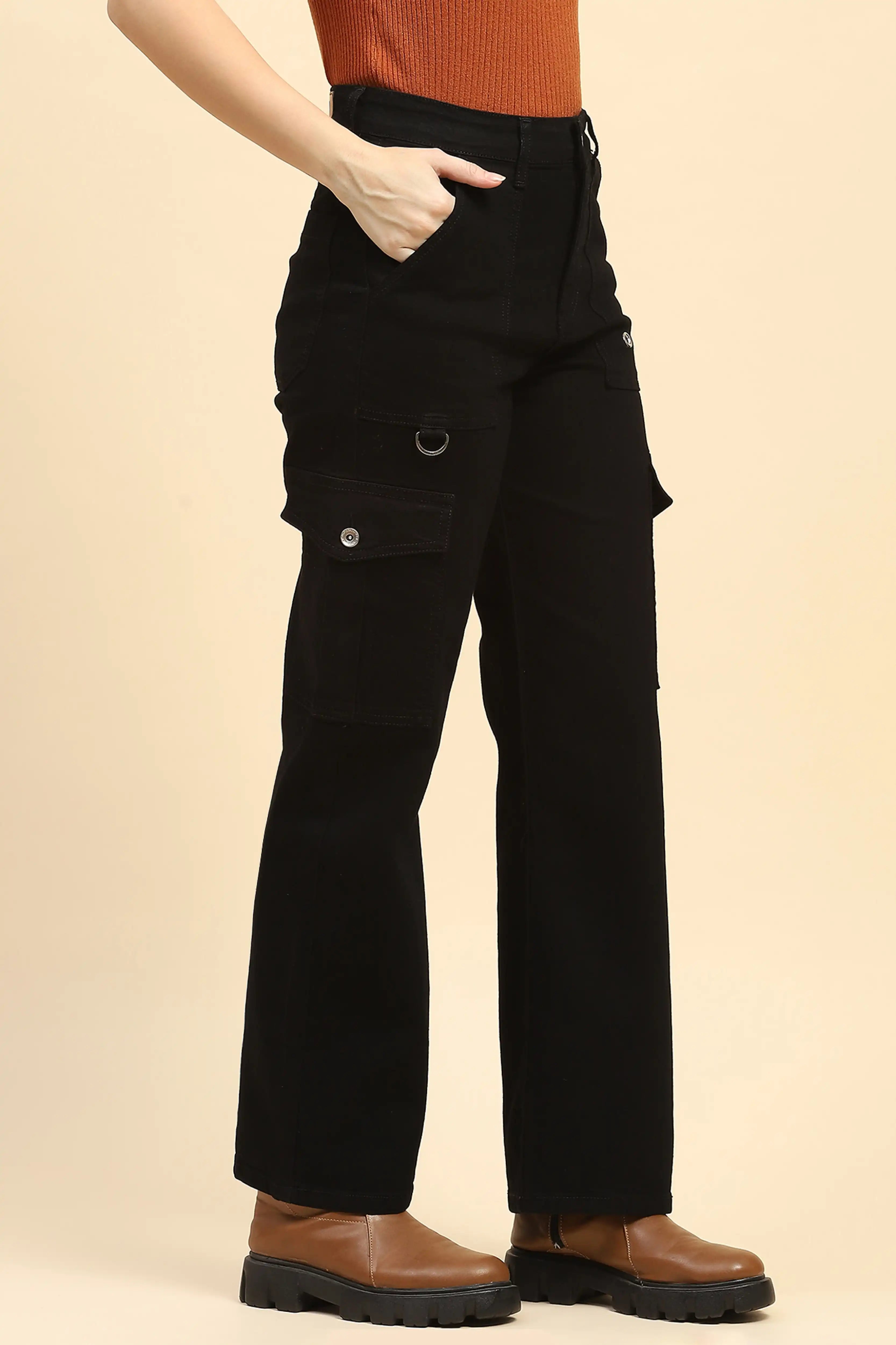 Jet Black Cotton Straight Fit Cargo