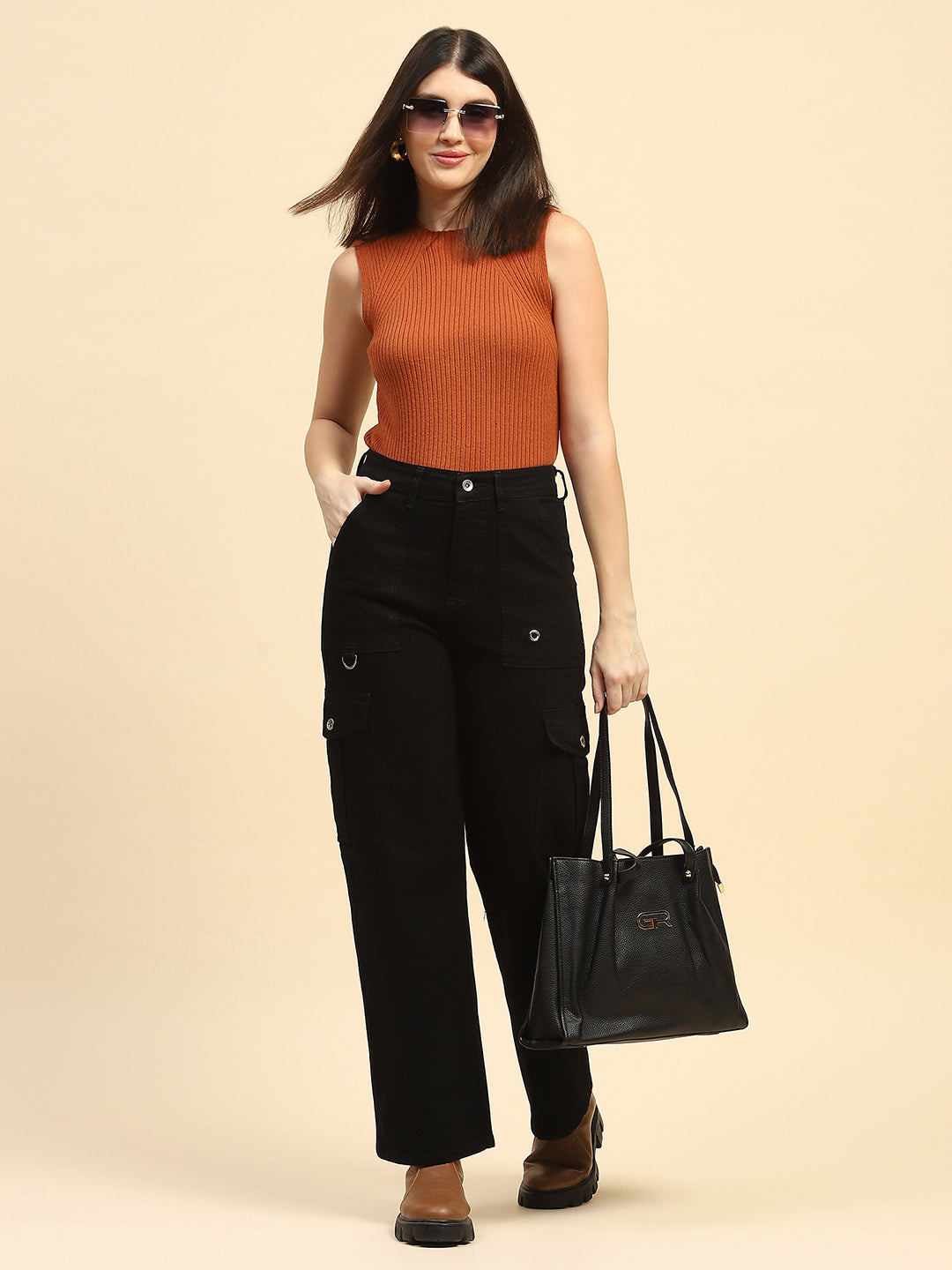 Jet Black Cotton Straight Fit Cargo - Global Republic