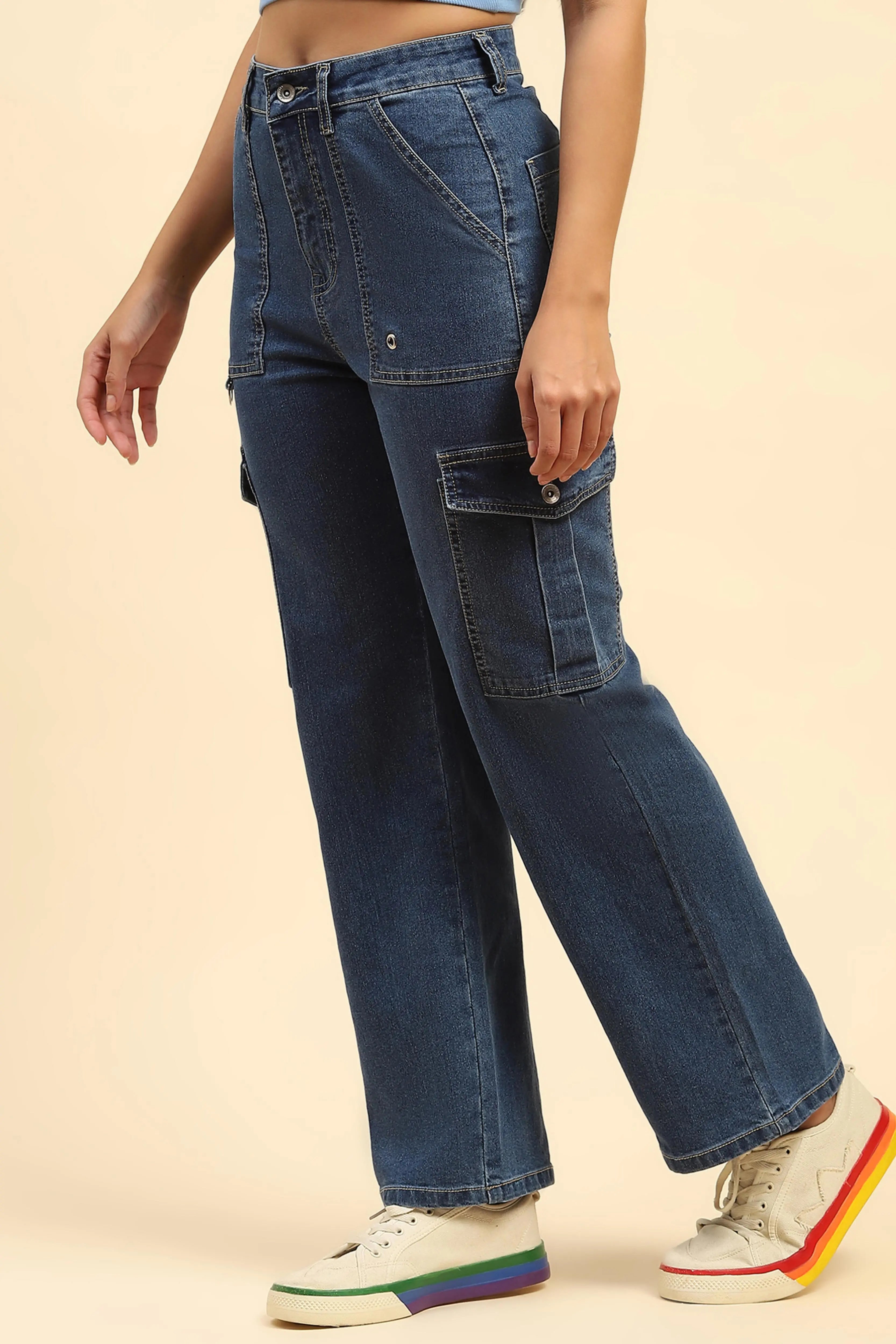 Blue Solid Cotton Blend Cargo - Global Republic