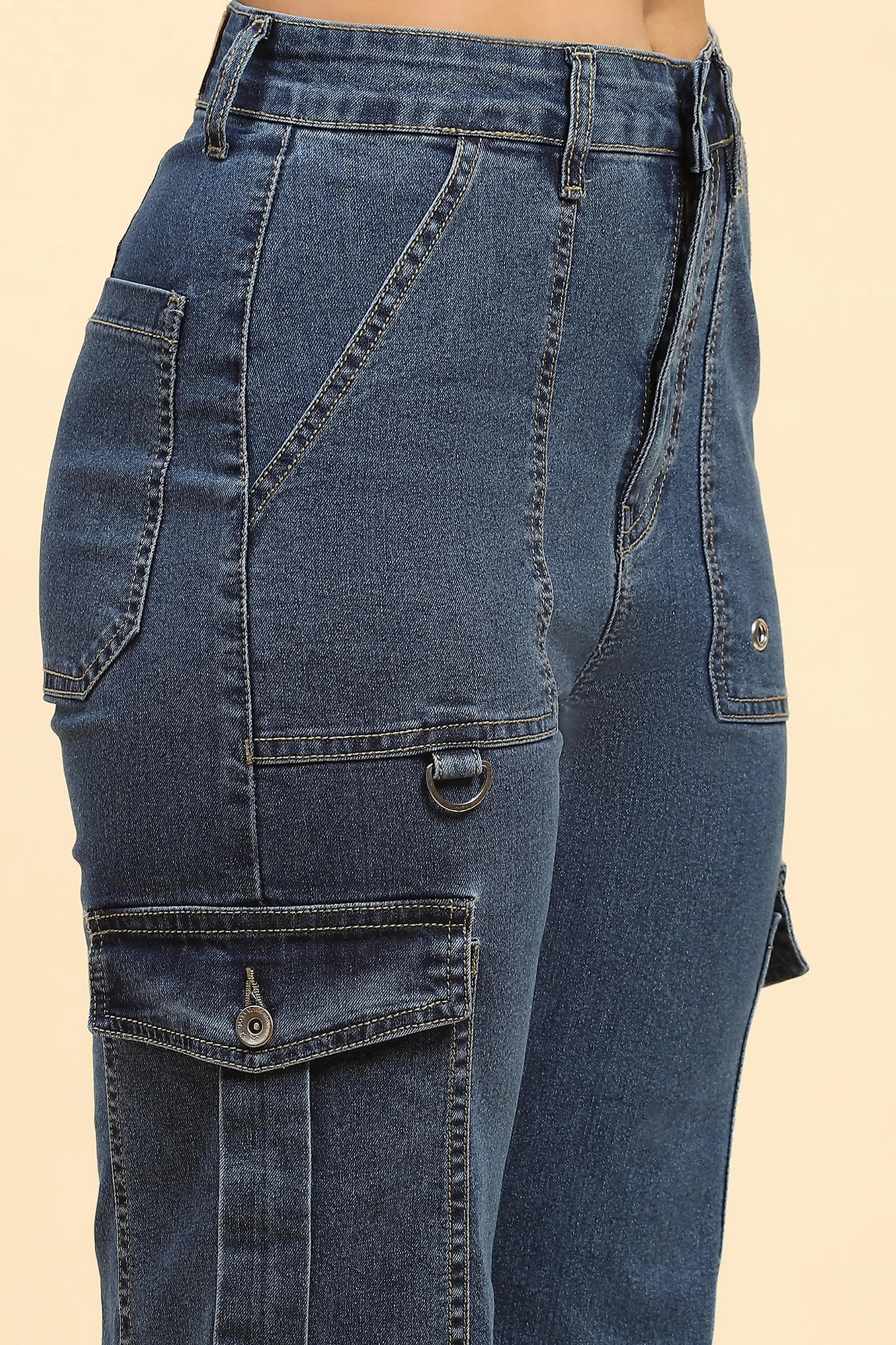 Blue Solid Cotton Blend Cargo - Global Republic