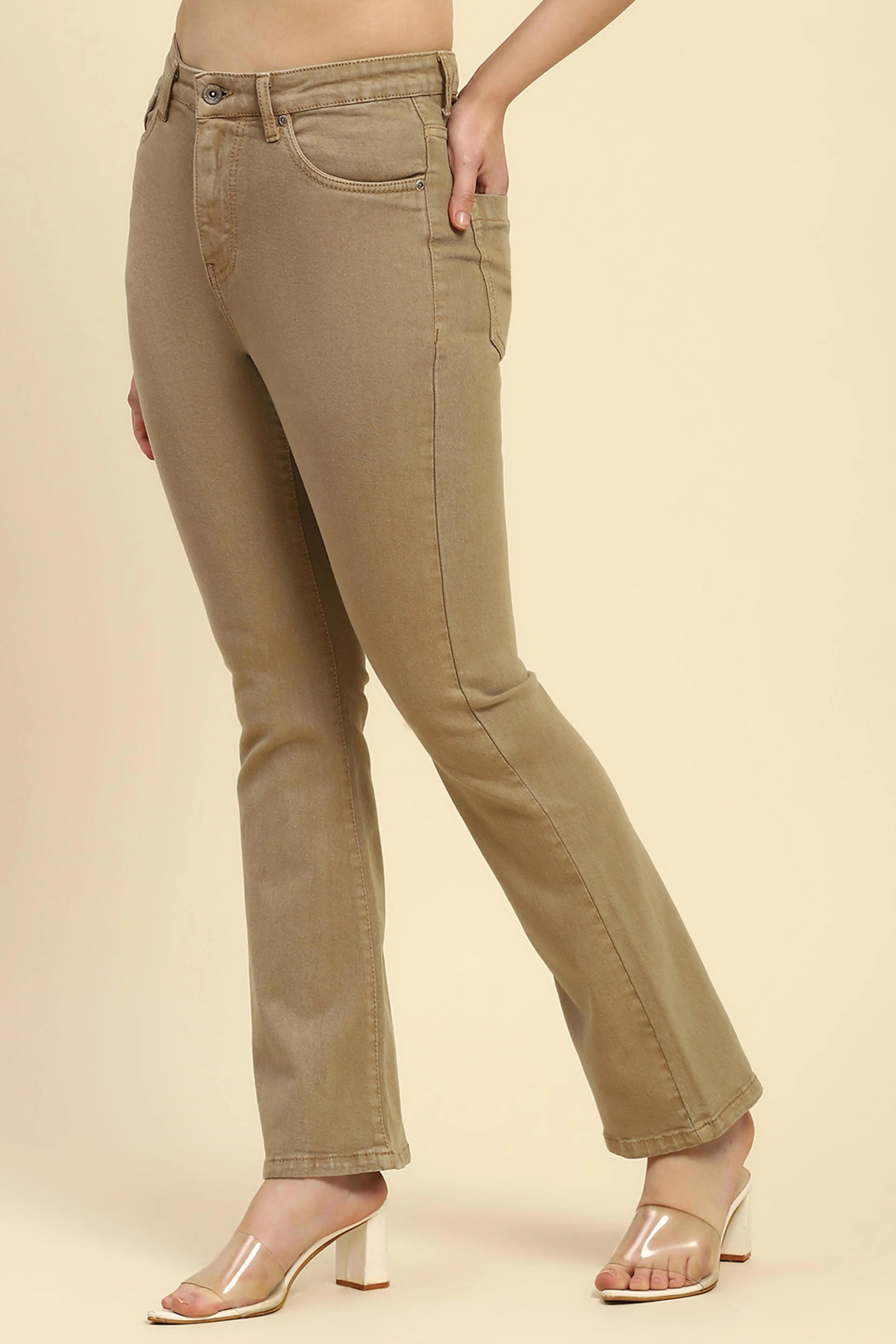 Khaki Solid Cotton Blend Regular Fit Jeans - Global Republic
