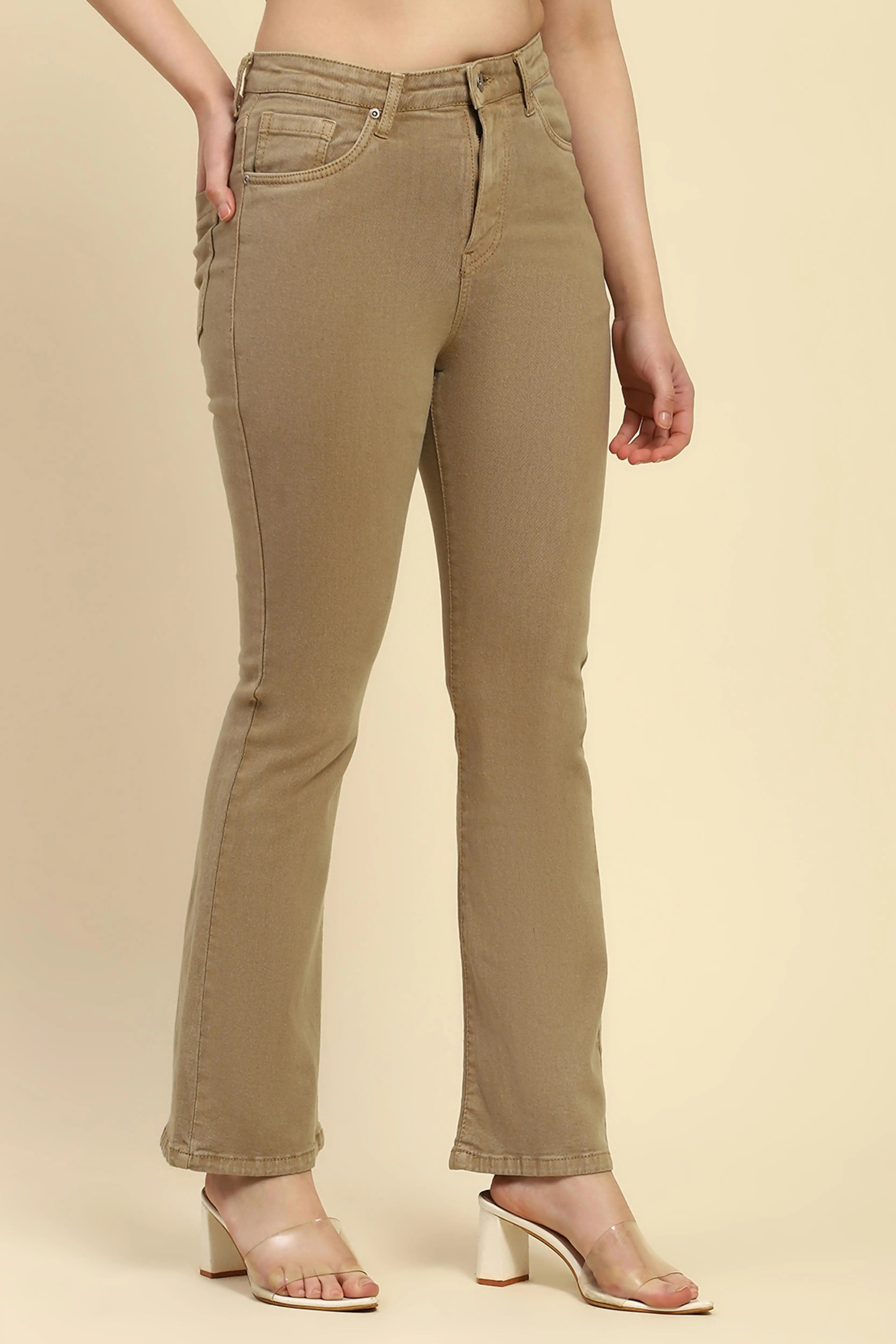 Khaki Solid Cotton Blend Regular Fit Jeans - Global Republic