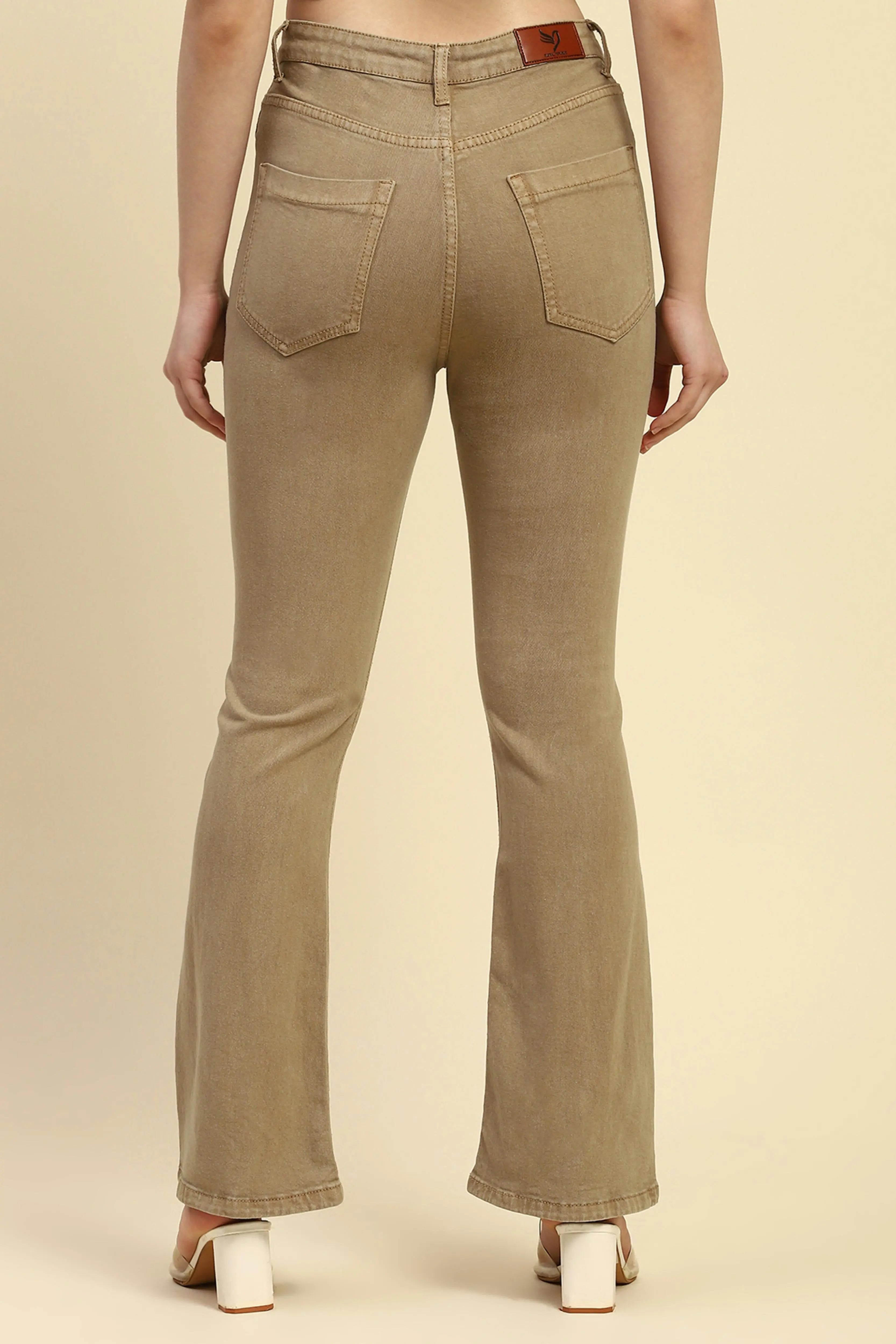 Khaki Solid Cotton Blend Regular Fit Jeans - Global Republic