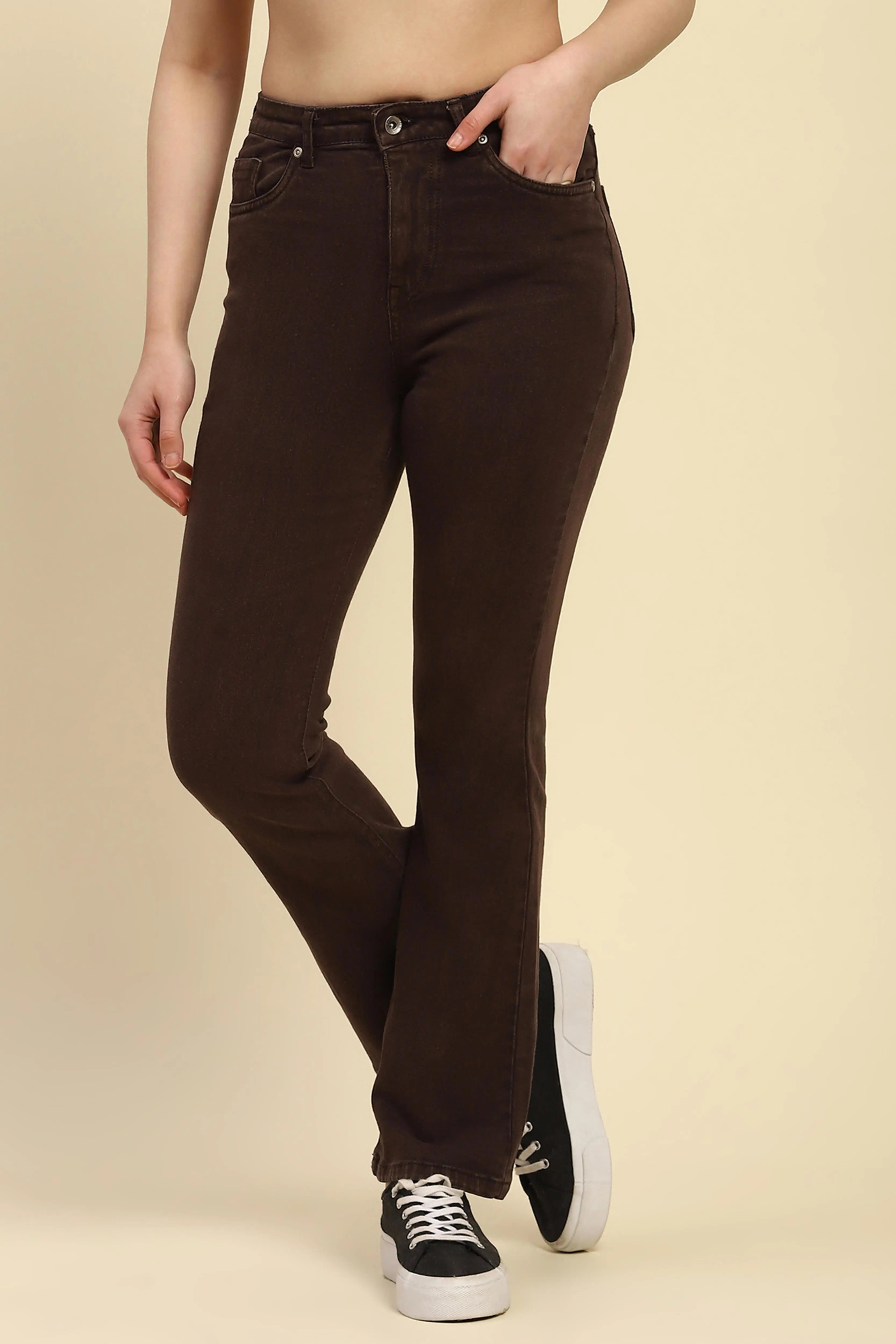 Brown Solid Cotton Blend Regular Fit Jeans - Global Republic