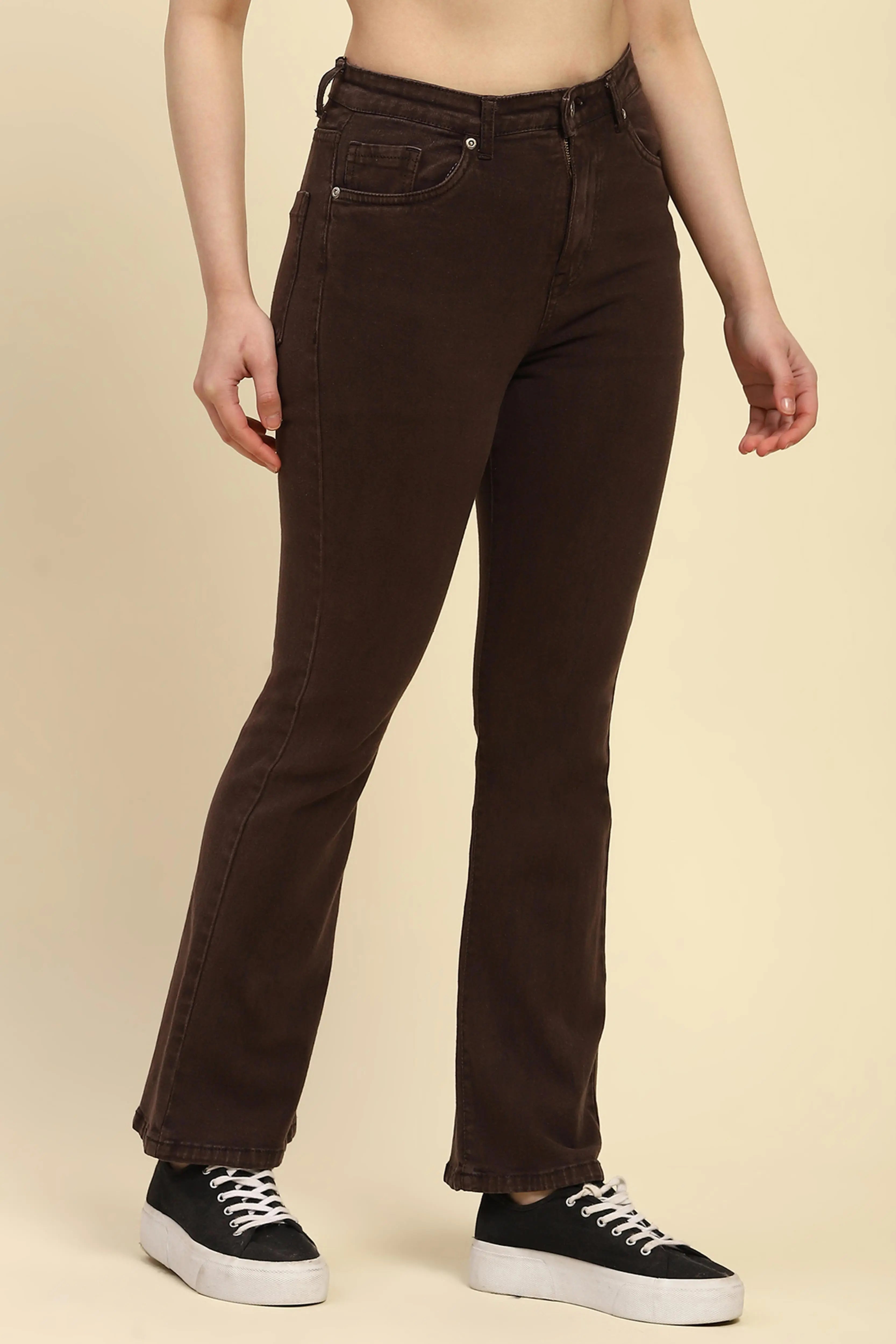 Brown Solid Cotton Blend Regular Fit Jeans - Global Republic