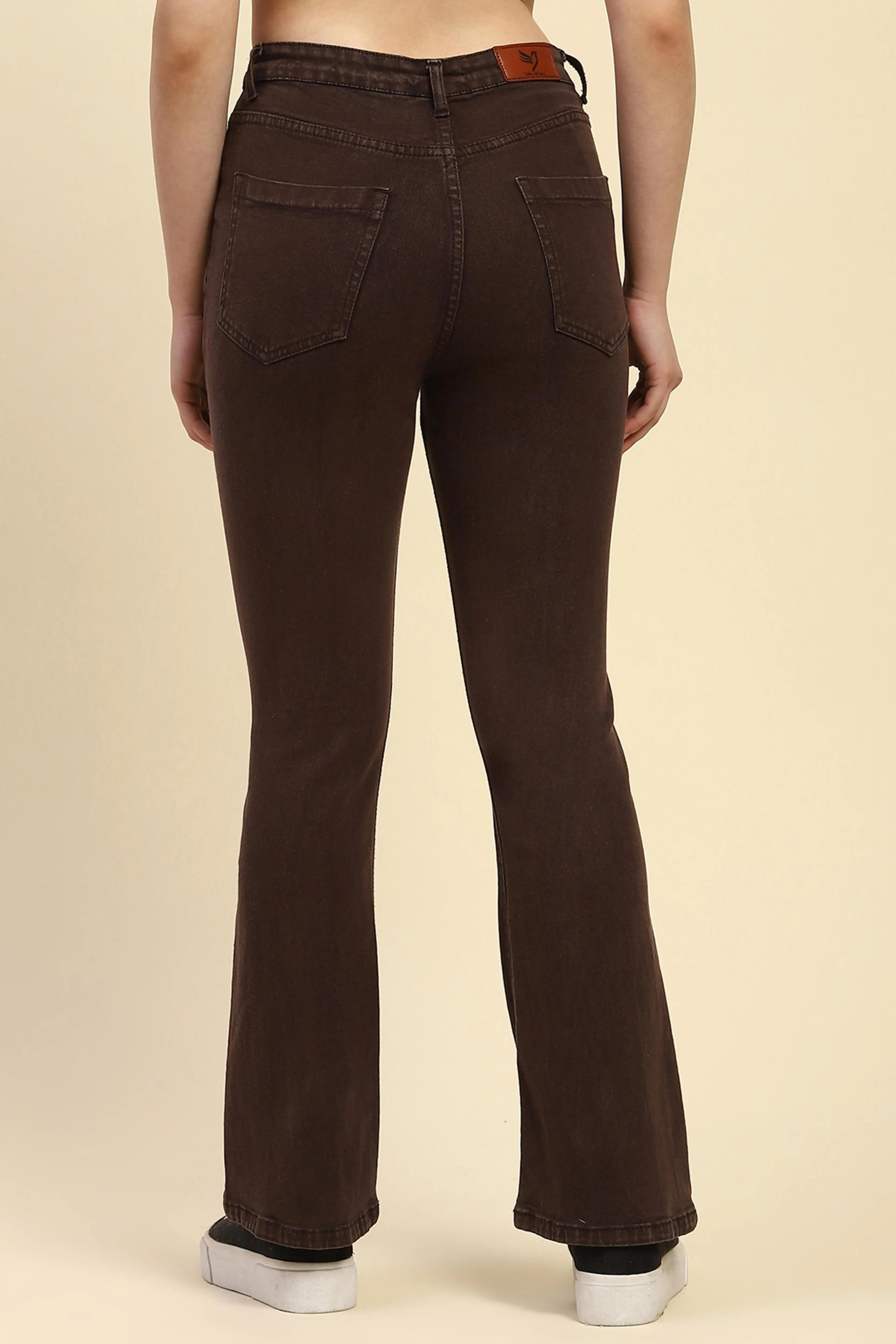 Brown Solid Cotton Blend Regular Fit Jeans - Global Republic