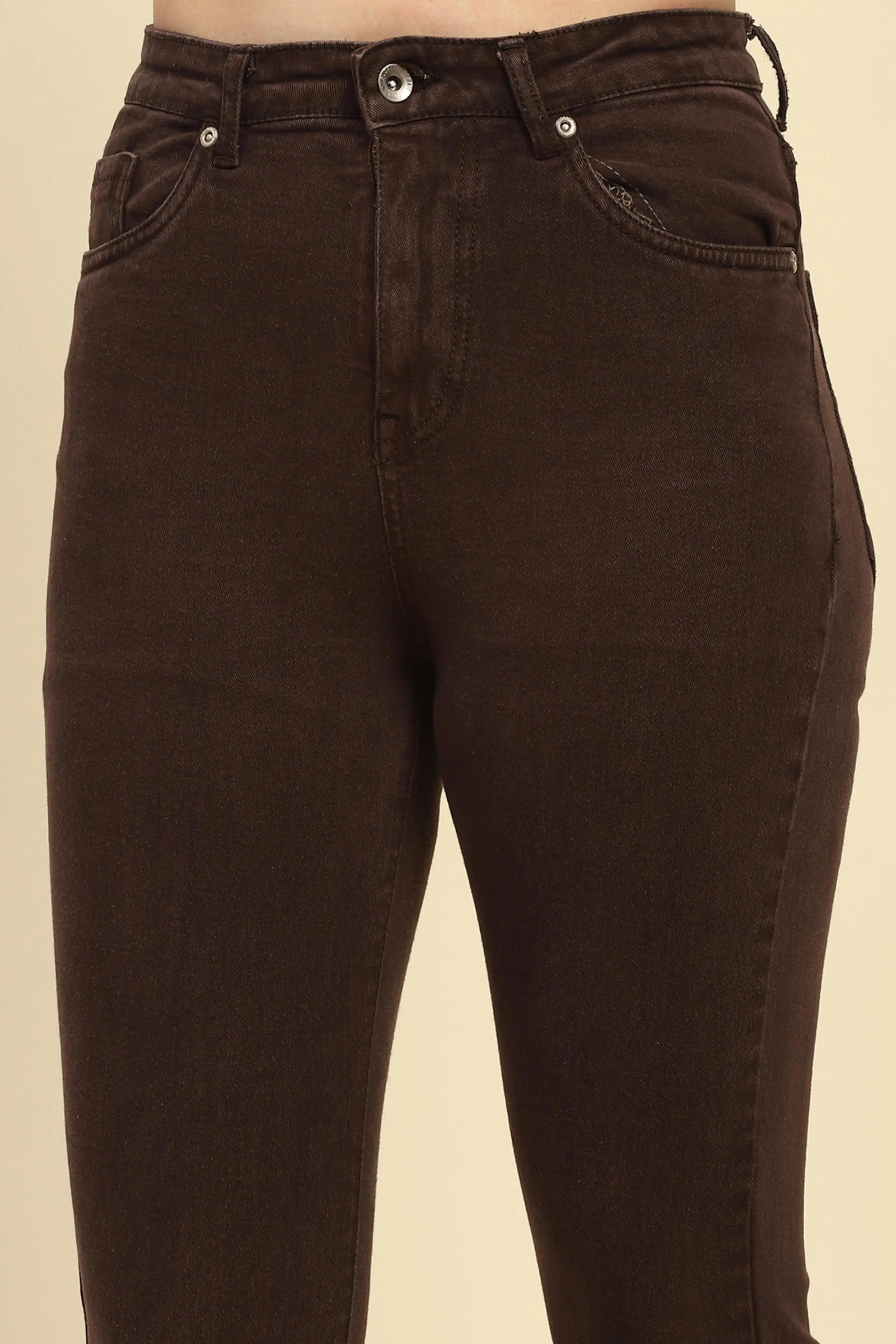 Brown Solid Cotton Blend Regular Fit Jeans - Global Republic