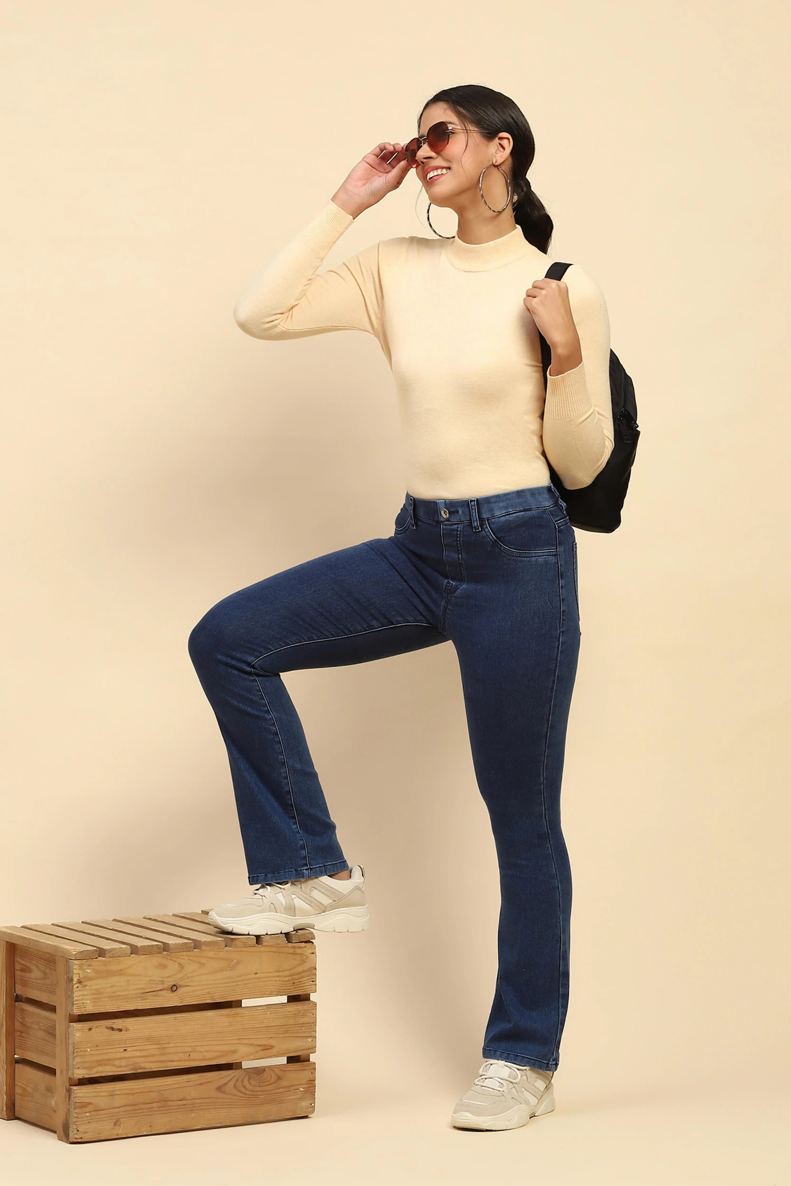 Dark Blue Cotton Blend Bootcut Jegging - Global Republic