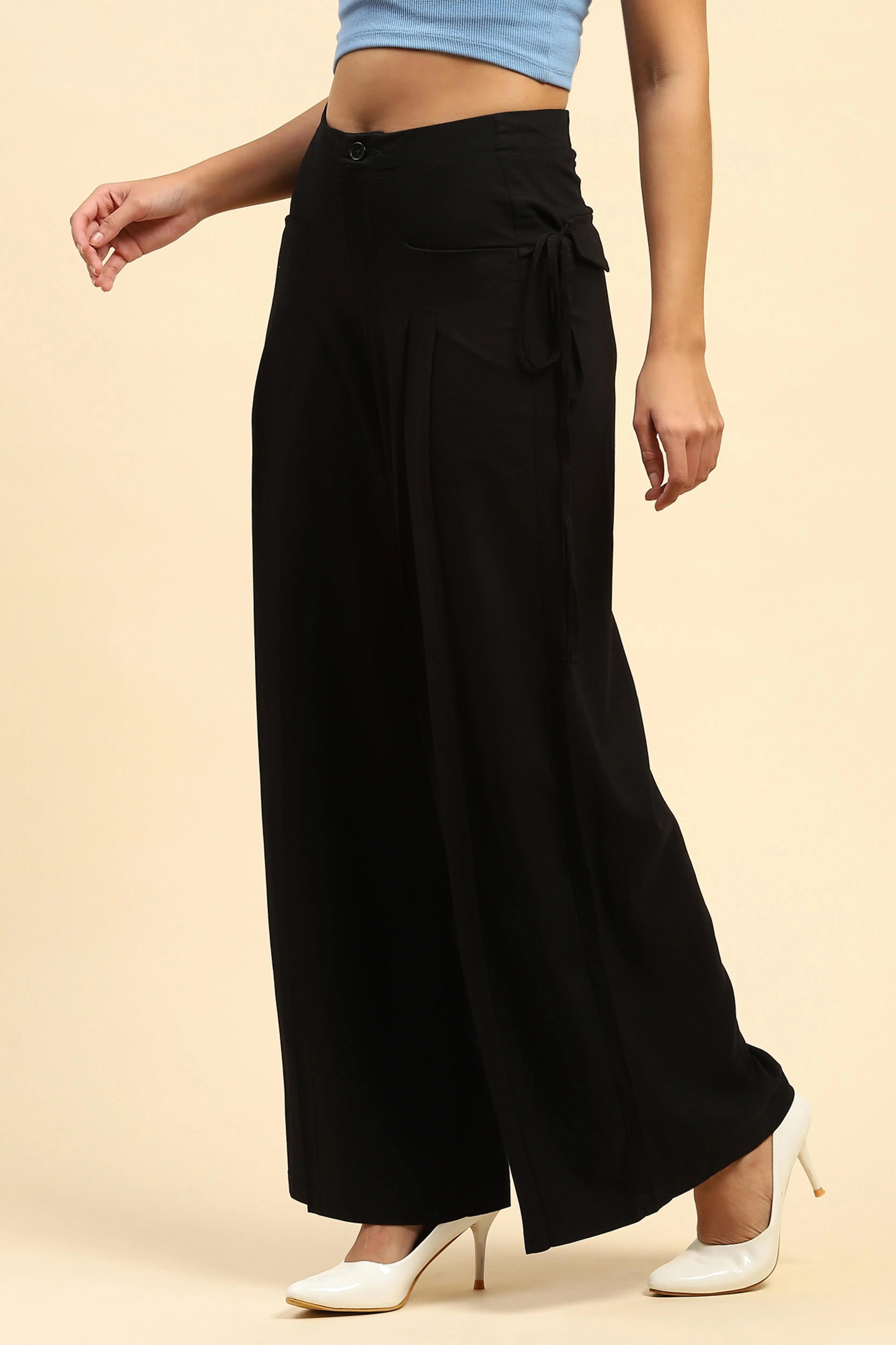 Black Solid Cotton Loose Fit Palazzo - Global Republic